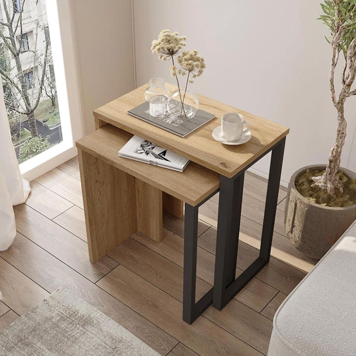 Robin Home Lidya 2'Li Zigon Sehpa Yan Sehpa Metal Ayaklı Uv Baskı Sepet-Jüt 