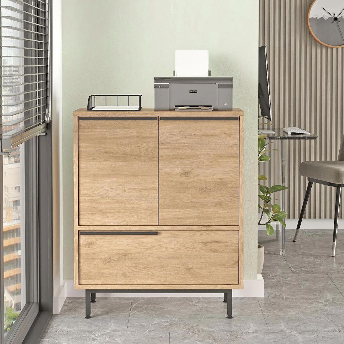 Robin Home Lidya Ofis Dolabı 3 Kapaklı Metal Ayaklı Sepet