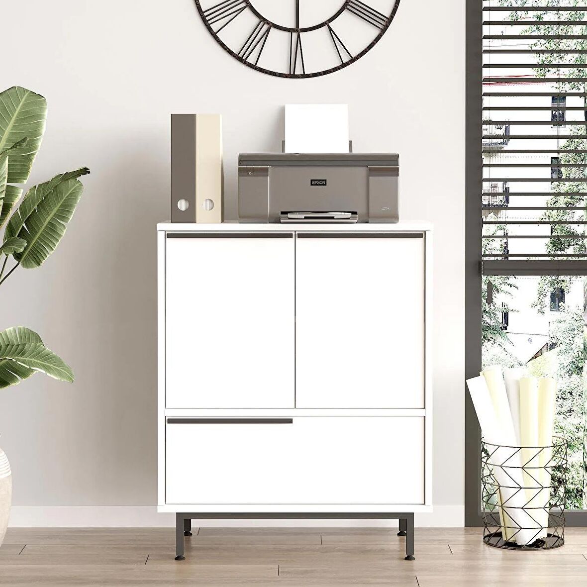 Robin Home Lidya Ofis Dolabı 3 Kapaklı Metal Ayaklı Beyaz