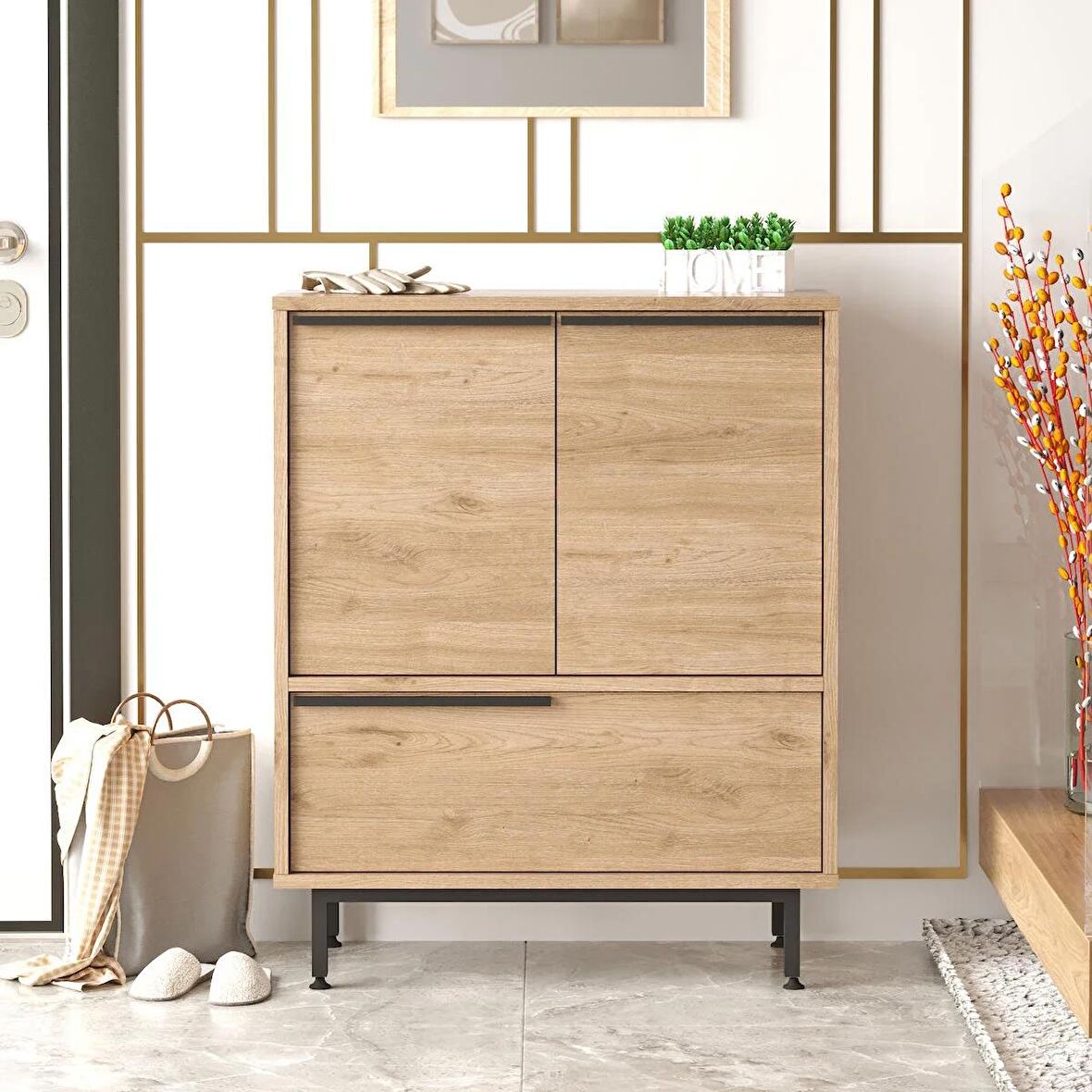 Robin Home Lidya Ayakkabılık Çok Amaçlı Dolap 3 Kapaklı Metal Ayaklı Sepet 