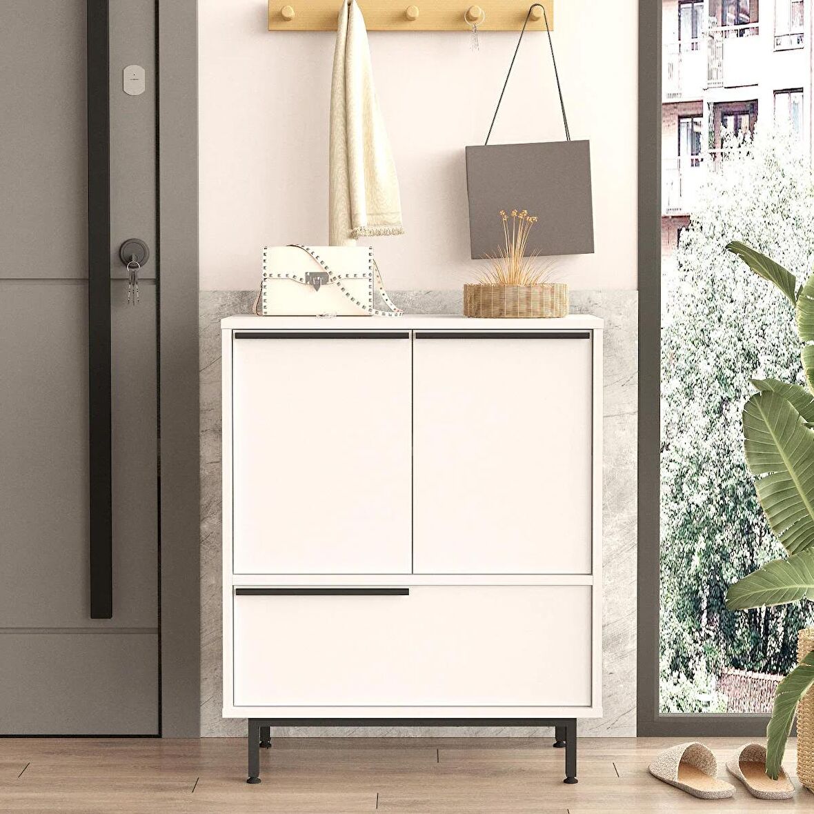 Robin Home Lidya Ayakkabılık Çok Amaçlı Dolap 3 Kapaklı Metal Ayaklı Beyaz