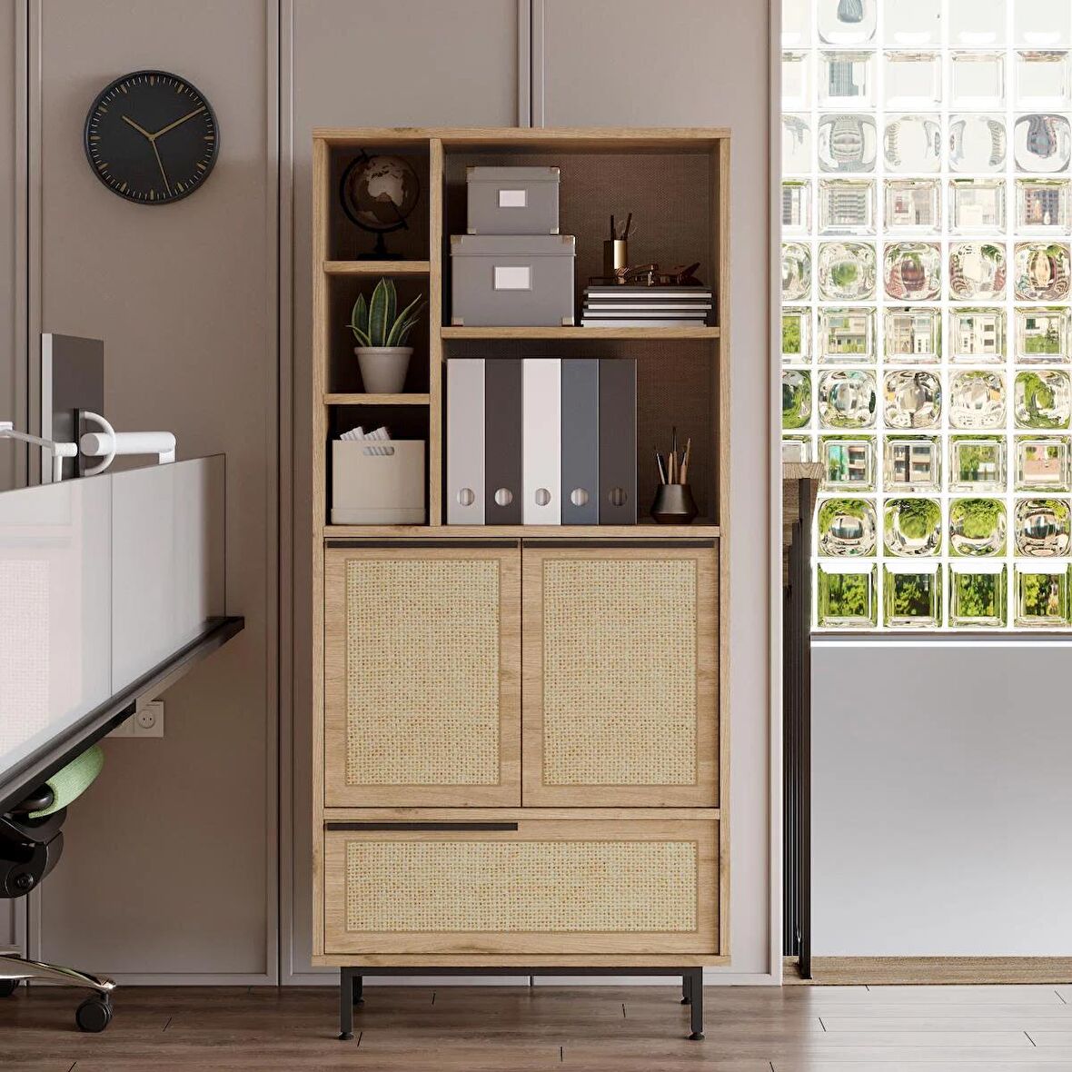 Robin Home Lidya Ofis Klasör Dolabı Kitaplık 3 Kapaklı Metal Ayaklı Uv Baskı Sepet-Jüt