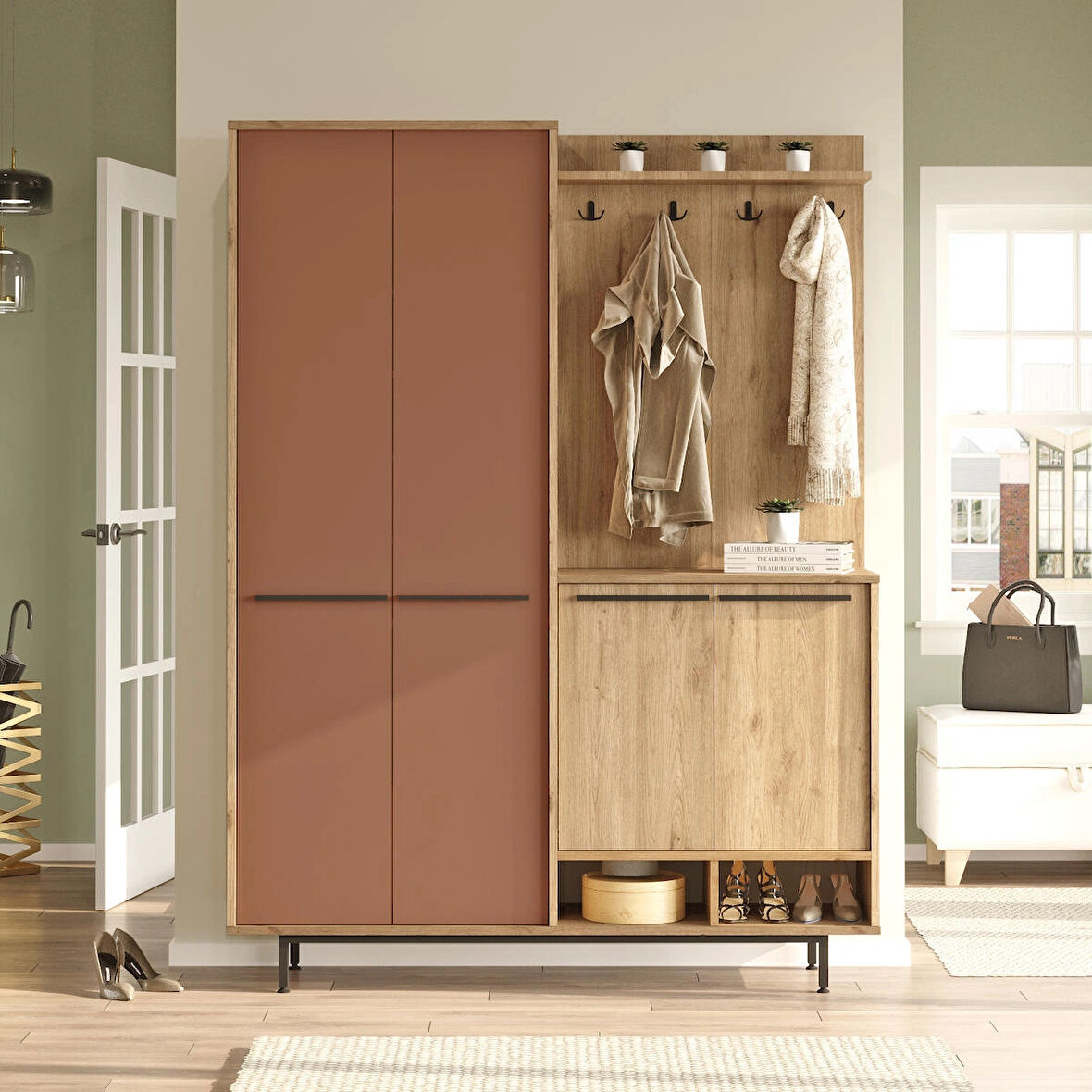 Robin Home Rita Portmanto Vestiyer Ayakkabılık Metal Ayaklı Sepet-Kiremit