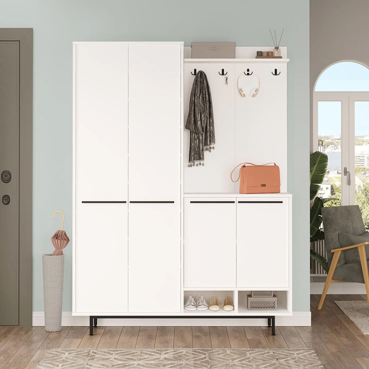 Robin Home Rita Portmanto Vestiyer Ayakkabılık Metal Ayaklı Beyaz