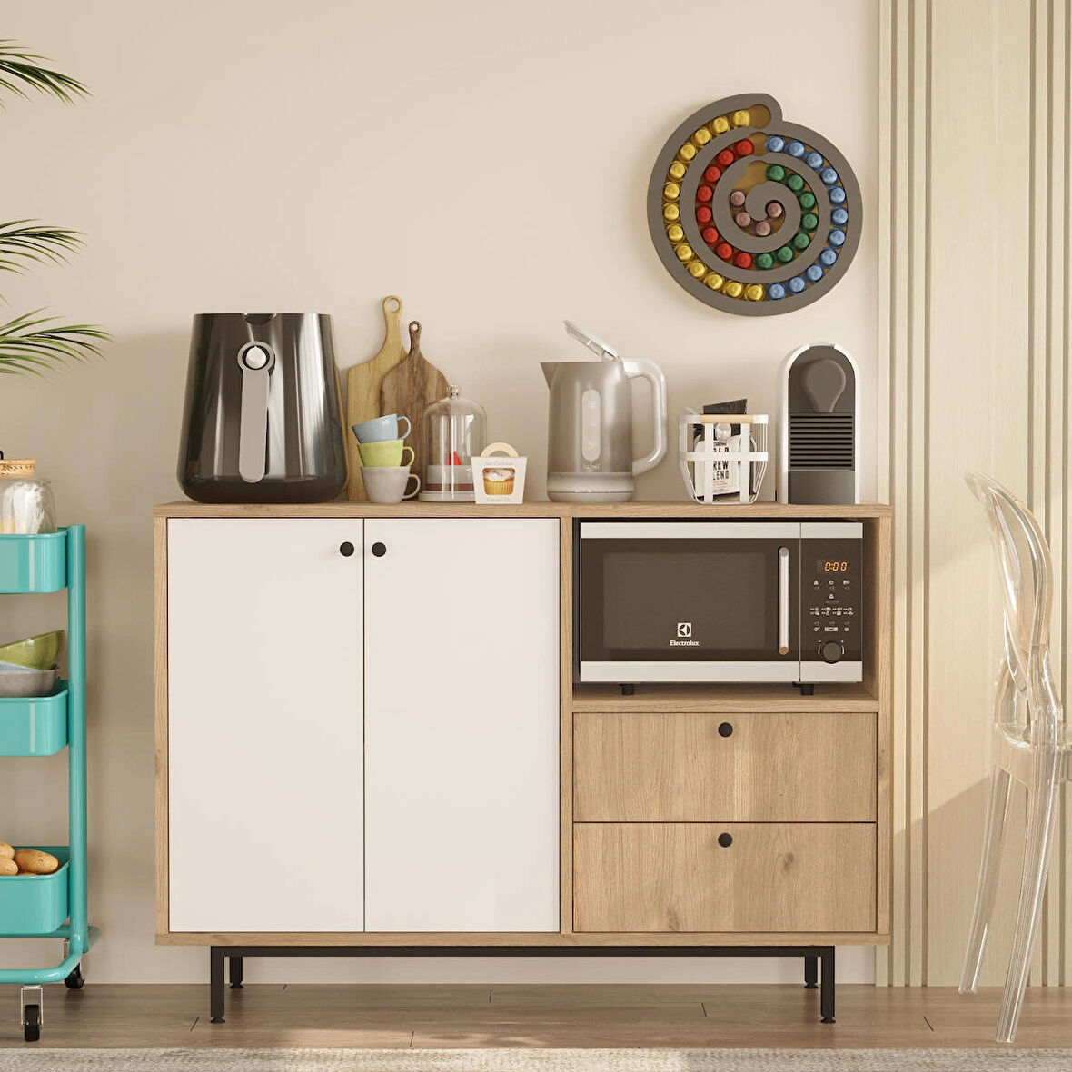 Robin Home Mocha Kahve Köşesi Çok Amaçlı Dolap Mutfak Dolabı Sepet-Beyaz 