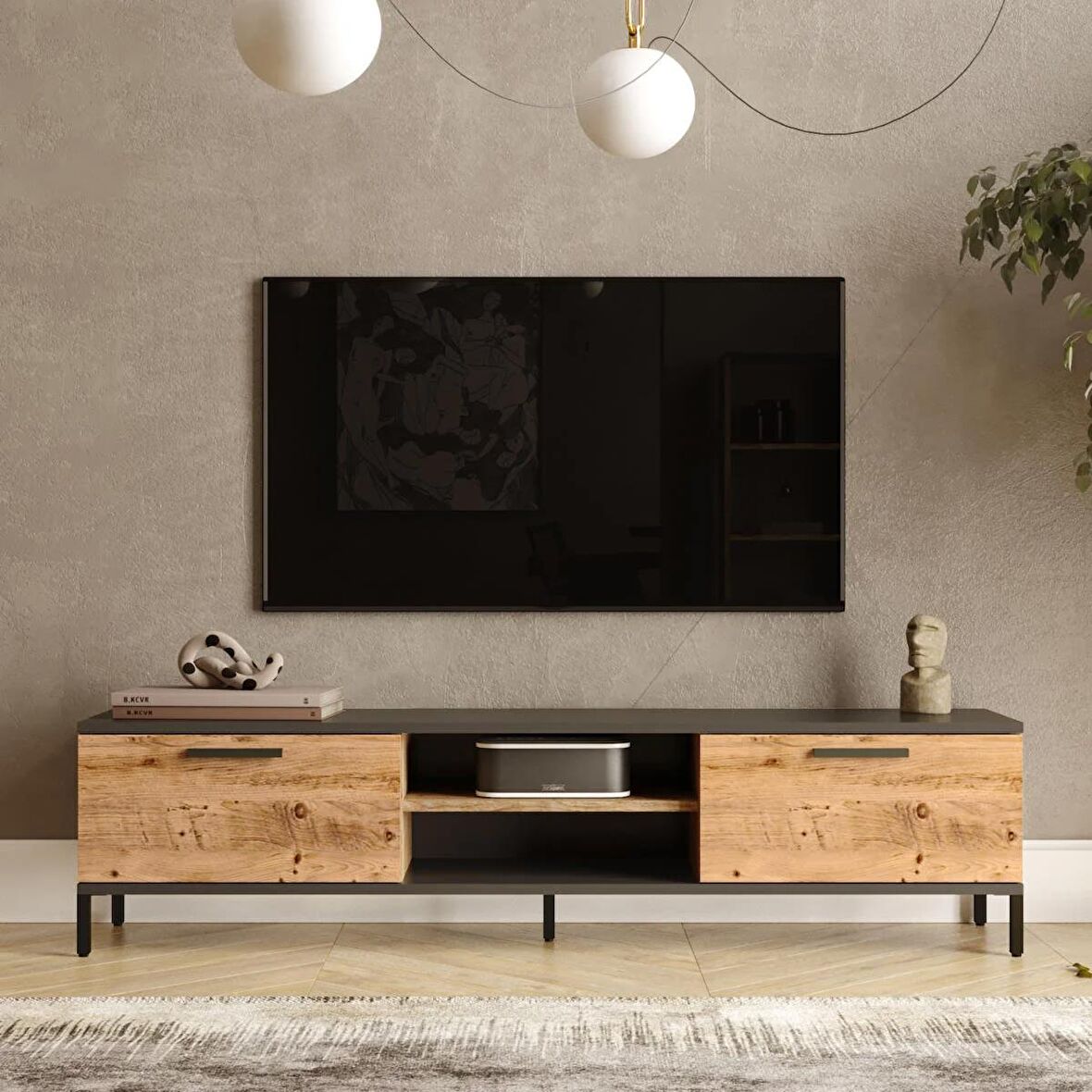 Robin Home Troya Serisi Tv Sehpası Tv Ünitesi Metal Ayaklı Çam