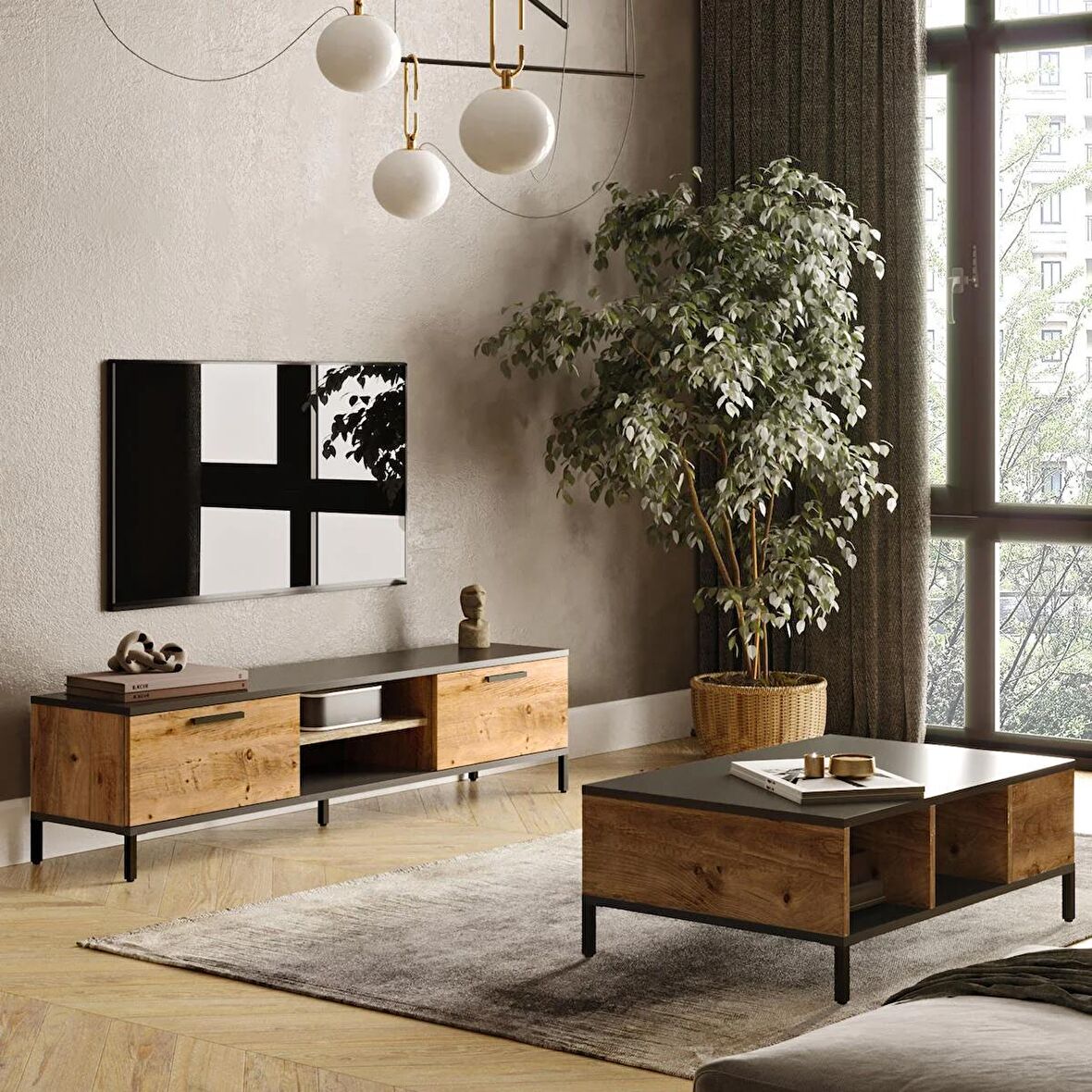 Robin Home Troya Serisi Tv Sehpası + Orta Sehpa Metal Ayaklı Çam