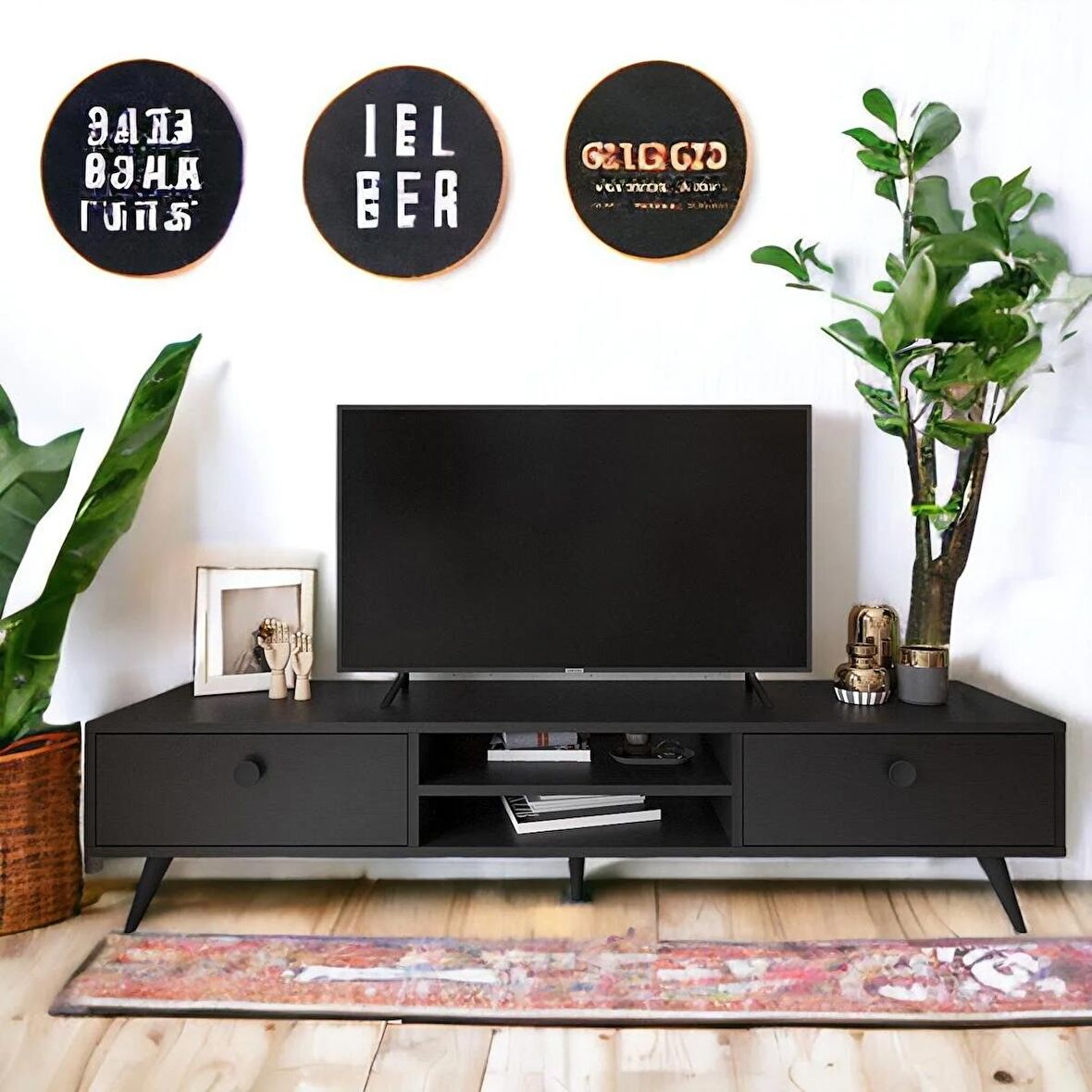 Robin Home Arya Tv Ünitesi Tv Sehpası Ahşap Ayak, 2Çekmece, Siyah AR5-332