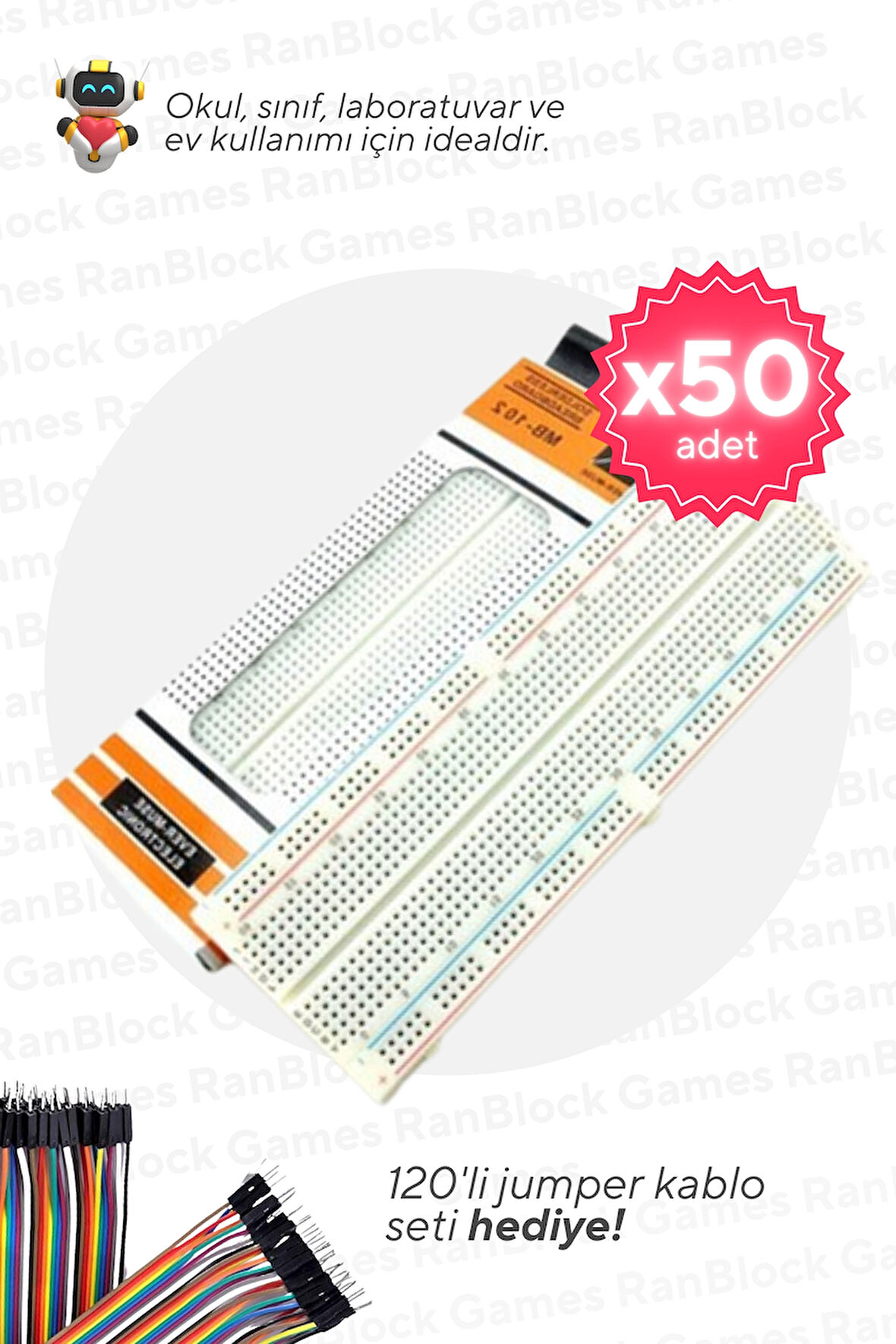 50'li Paket 830 Pin Büyük Boy Breadboard - Okul ve Sınıflar için MEB Uyumlu