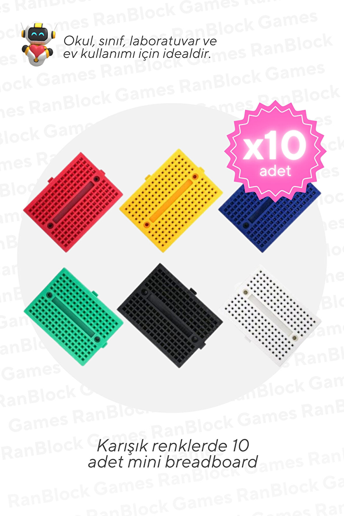 10'lu Paket 170 Pin Mini Breadboard Karışık Renklerde - Okul ve Sınıflar için MEB Uyumlu