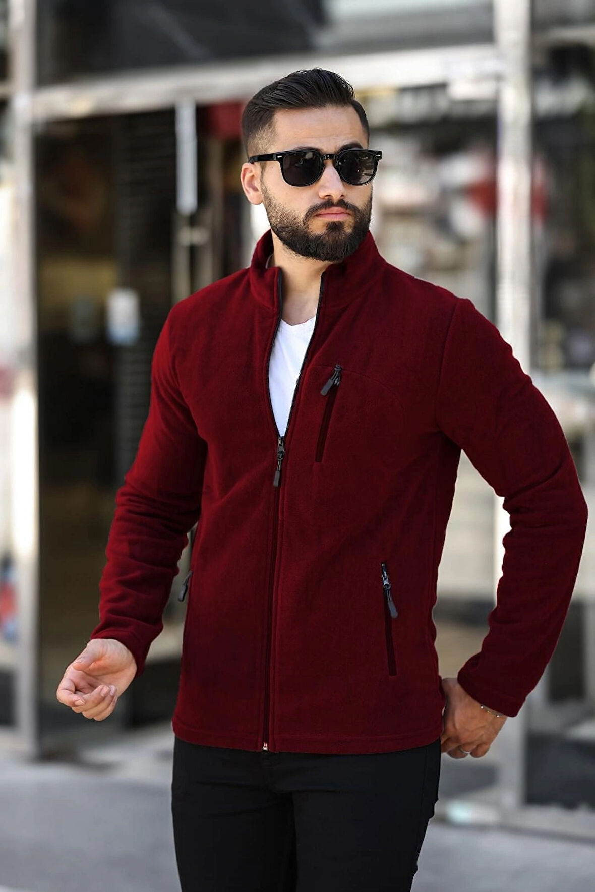 Erkek Bordo Polar Standart Tam Fermuarlı 3 Cepli Erkek Polar