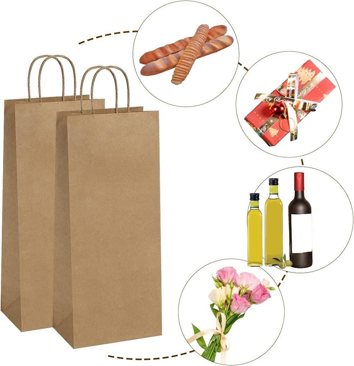 Roco Paper Kraft Şişe Poşeti – Hediye Kağıt Şişe Çantası –25 Adet– 17x38x7 cm
