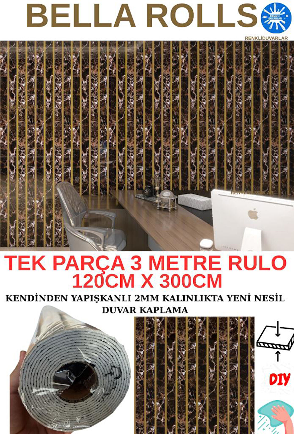 120cmx300cm Tek Parça Yapışkanlı Rulo Gold Çizgili Mermer Desenli Duvar Paneli Kağıdı Beykent QM0134