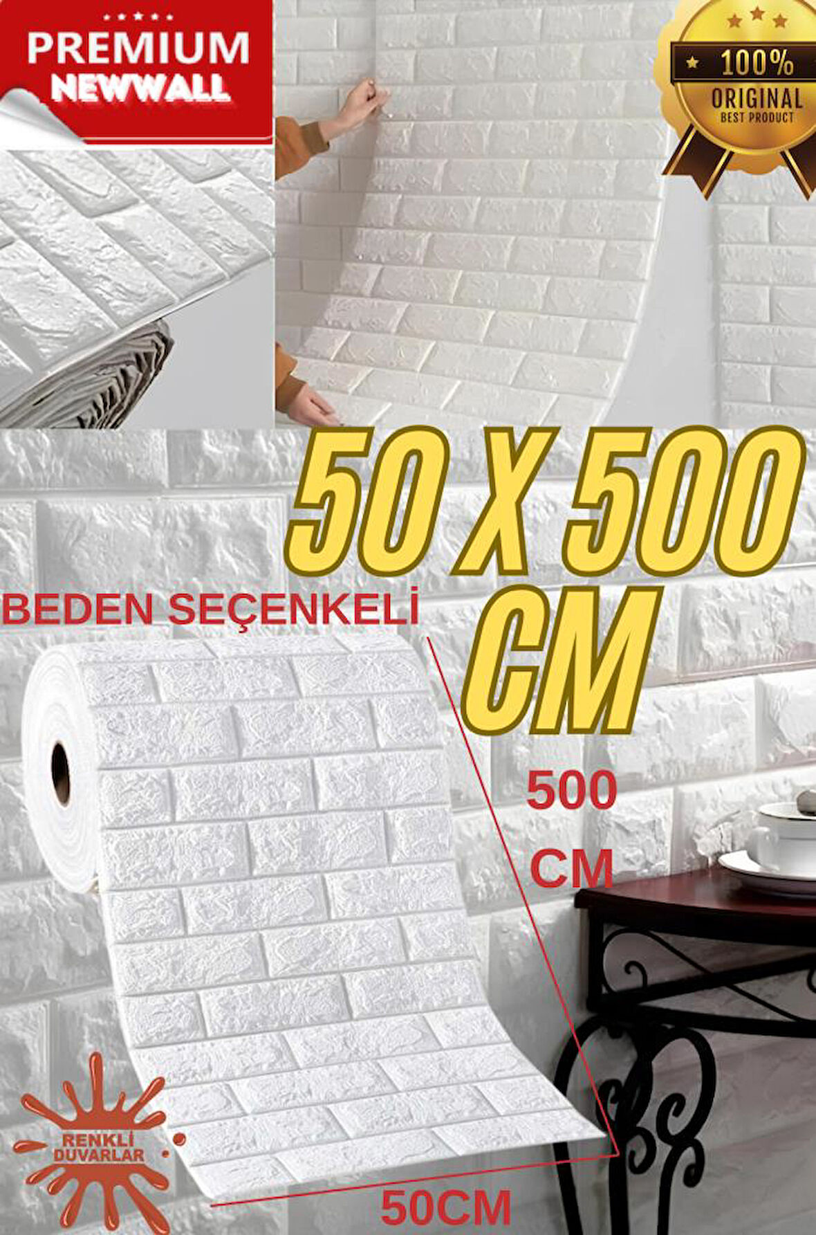 5 Metre(2,5m2) Tek Parça Bütün Kendinden Yapışkanlı Duvar Kağıdı Esnek Köpük Paneli 3d Tuğla Desenli