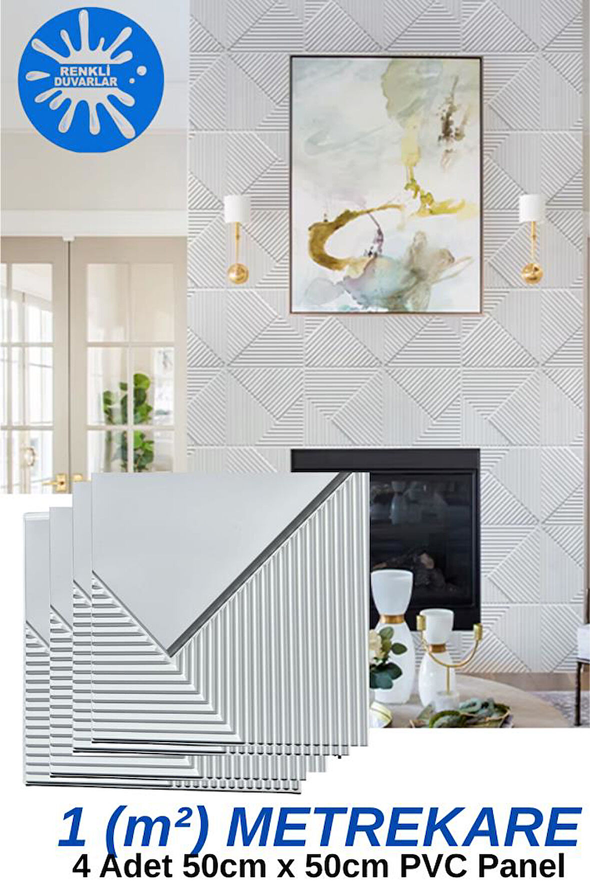 1m² (50cmx50cm 4 Adet) Beyaz 3D ABS PVC Çizgili Desenli Dayanıklı Duvar Paneli Silinebilir