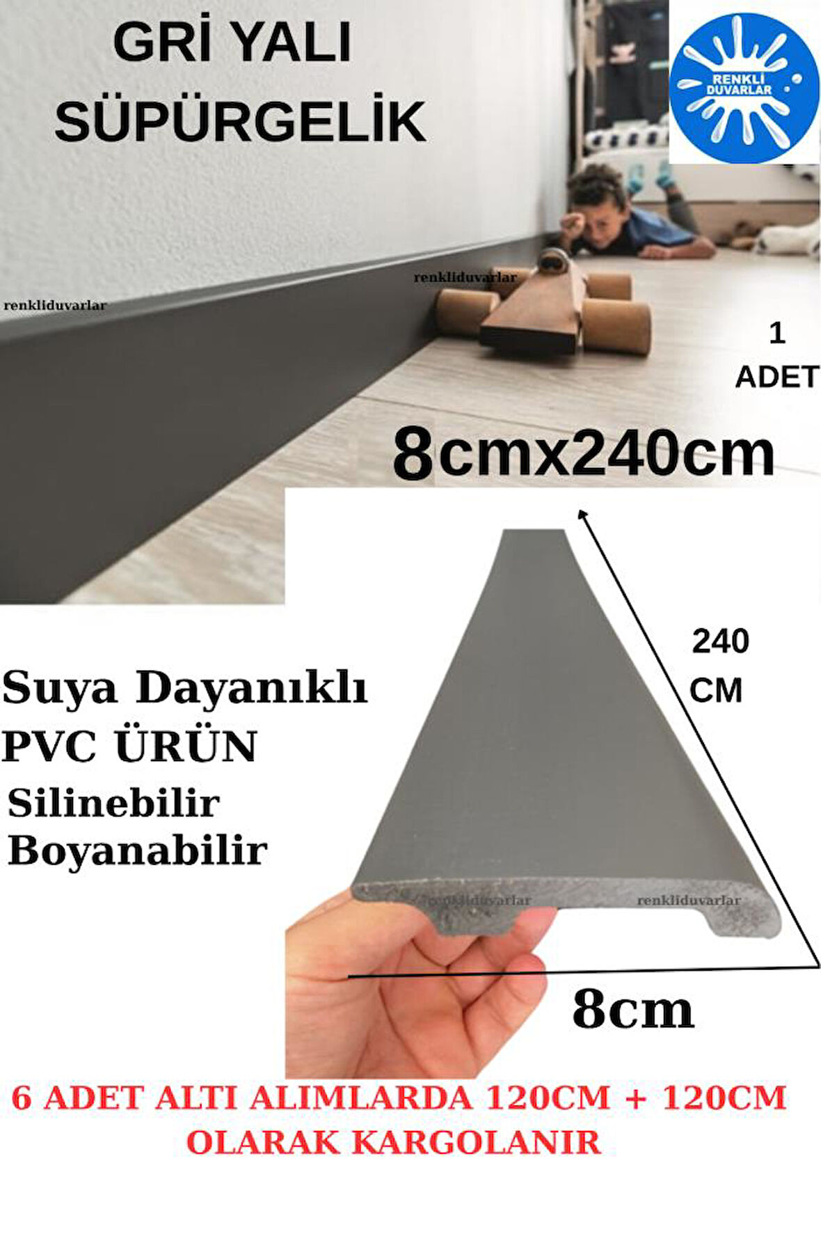 8cmx240cm 1 Adet PVC Yalı Gri Süpürgelik Suya Neme Dayanıklı Parke Seramik Salon Mutfak Süpürgeliği
