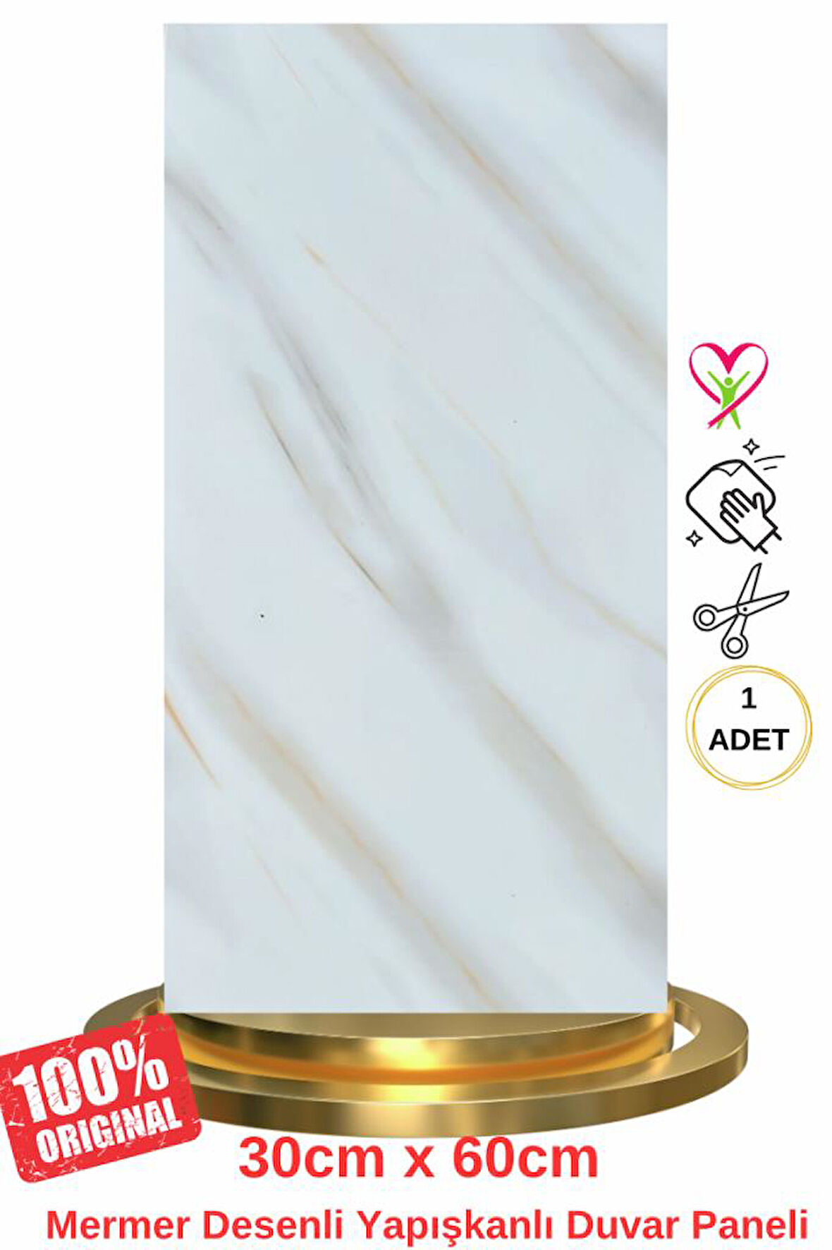 Shiny Beyaz-Toprak Mermer Desenli 60x30cm Yapışkanlı Mutfak Banyo Kaplama Duvar Paneli Kağıdı TX-106