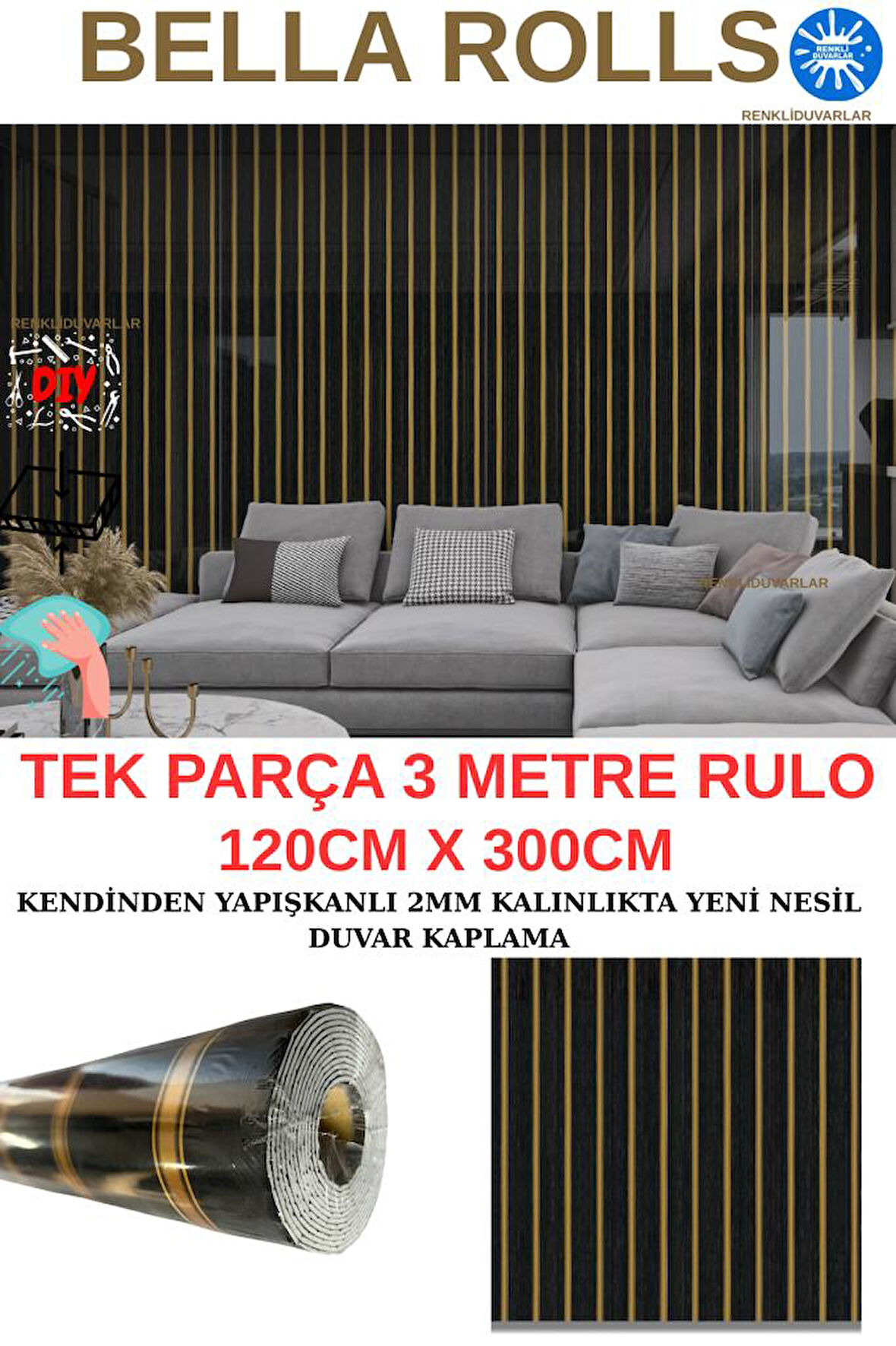 120cmx300cm Tek Parça Yapışkanlı Rulo Gold Çizgili Düz Parlak Siyah Duvar Paneli Kağıdı Şile QM0132