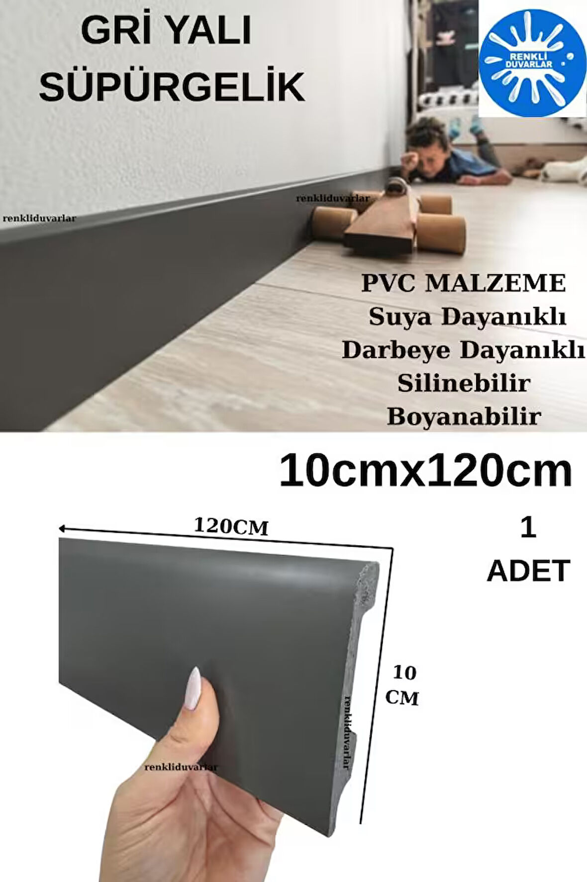 Yalı Gri Süpürgelik Suya Neme Dayanıklı 10cmx120cm 1 Adet PVC Parke Seramik Salon Mutfak Süpürgeliği