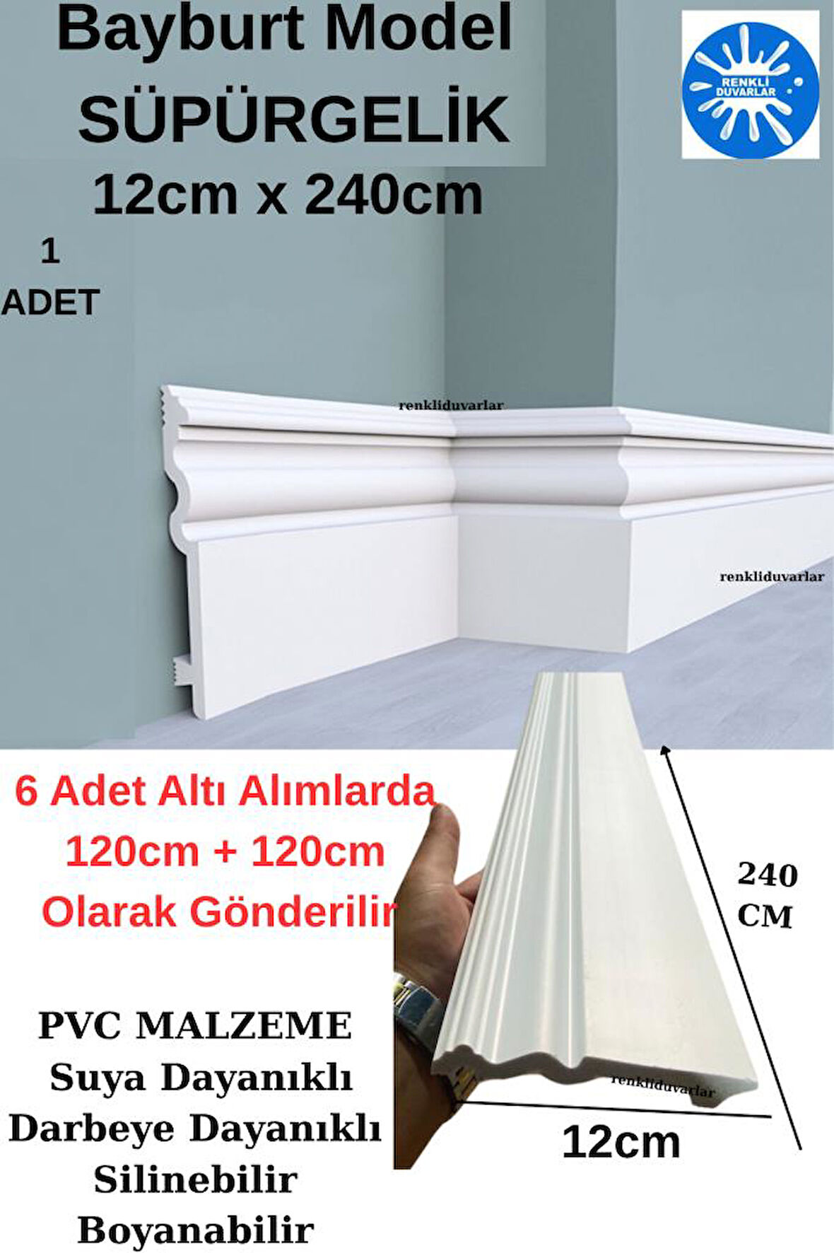 12cmx240cm 1 Adet Bayburt PVC Süpürgelik Suya Neme Dayanıklı Parke Seramik Salon Mutfak Süpürgeliği