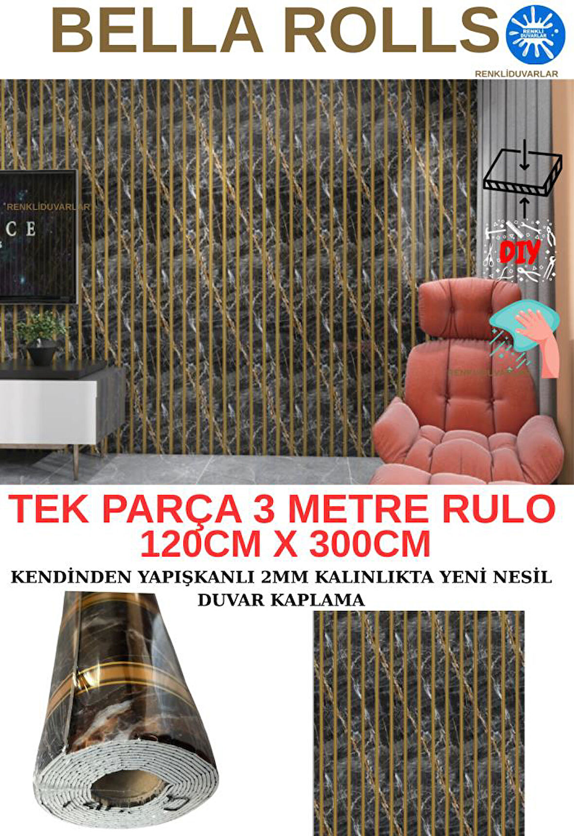 120cmx300cm Tek Parça Yapışkanlı Rulo Gold Mermer Desenli Parlak Duvar Paneli Kağıdı Florya QM0139