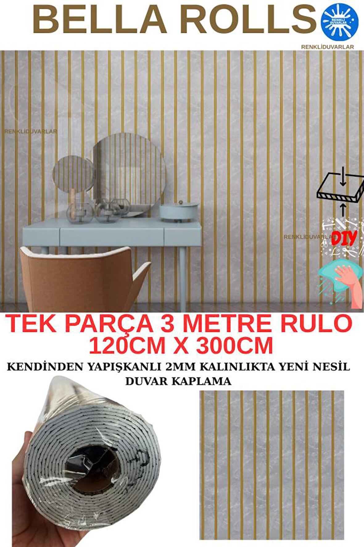 120cmx300cm Tek Parça Yapışkanlı Rulo Gold Mermer Desenli Gri Duvar Paneli Kağıdı Silivri QM0138