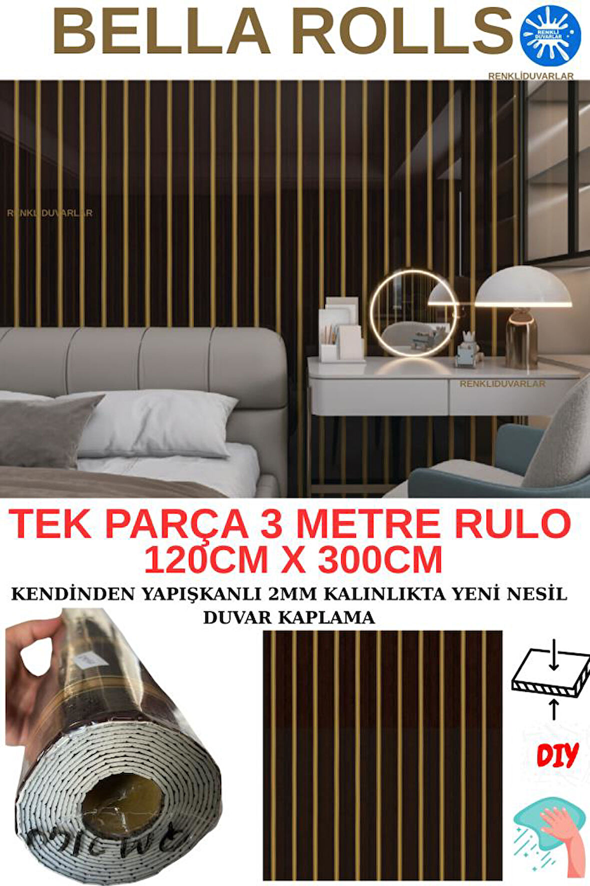 120cmx300cm Tek Parça Yapışkanlı Rulo Gold Çizgili Eskitme Parlak Duvar Paneli Kağıdı Pendik QM0140