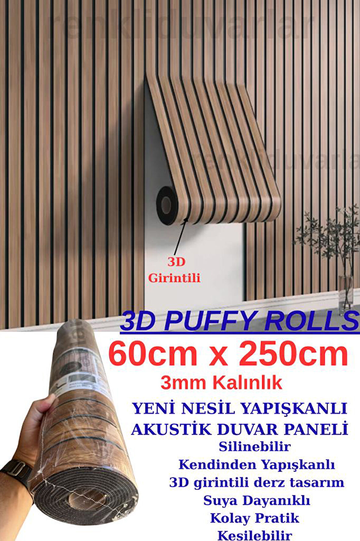 60cmx250cm 1 Adet Kahverengi 3D Yapışkanlı SXP Akustik Lambiri Desenli Duvar Paneli Kağıdı 3115-1 