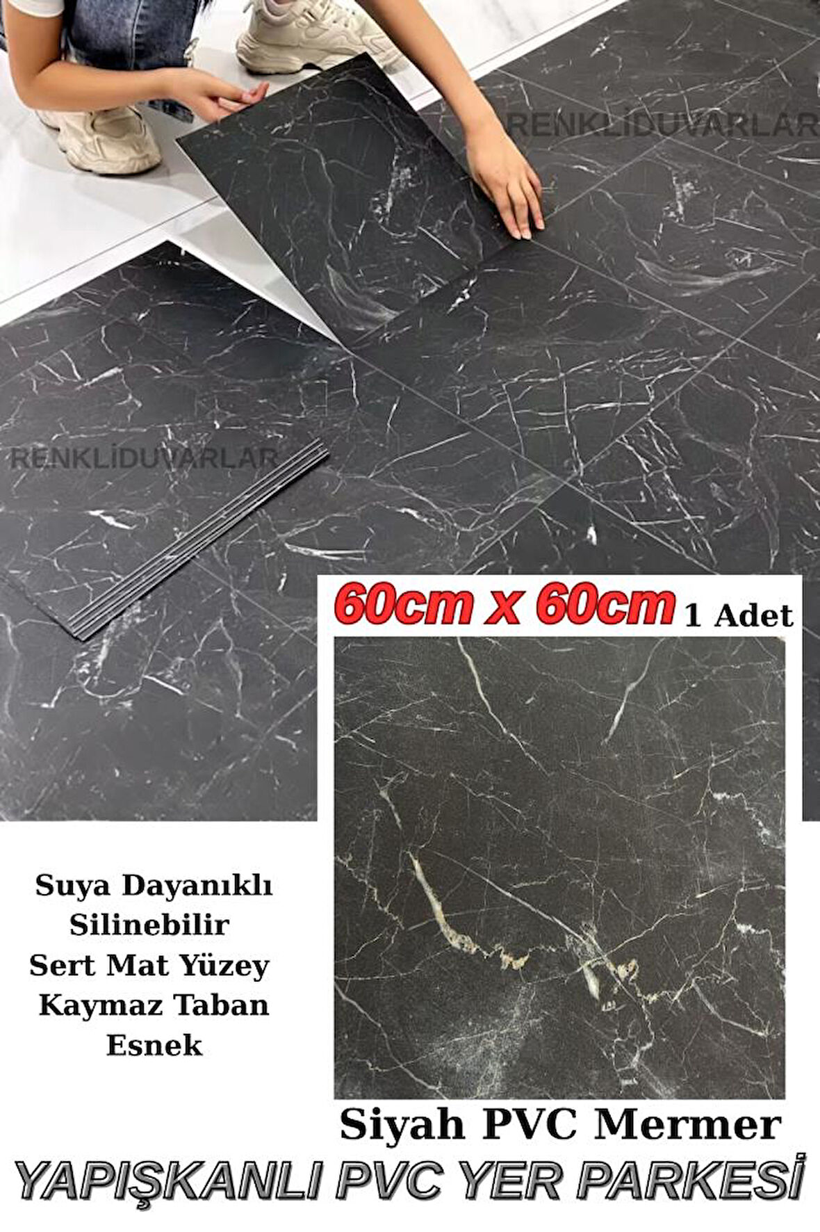 60cmx60cm Siyah Mermer Desenli Pvc-Lvt Yapışkanlı Yer Kaplama Paneli Kauçuklu Floor Banyo WC S74P