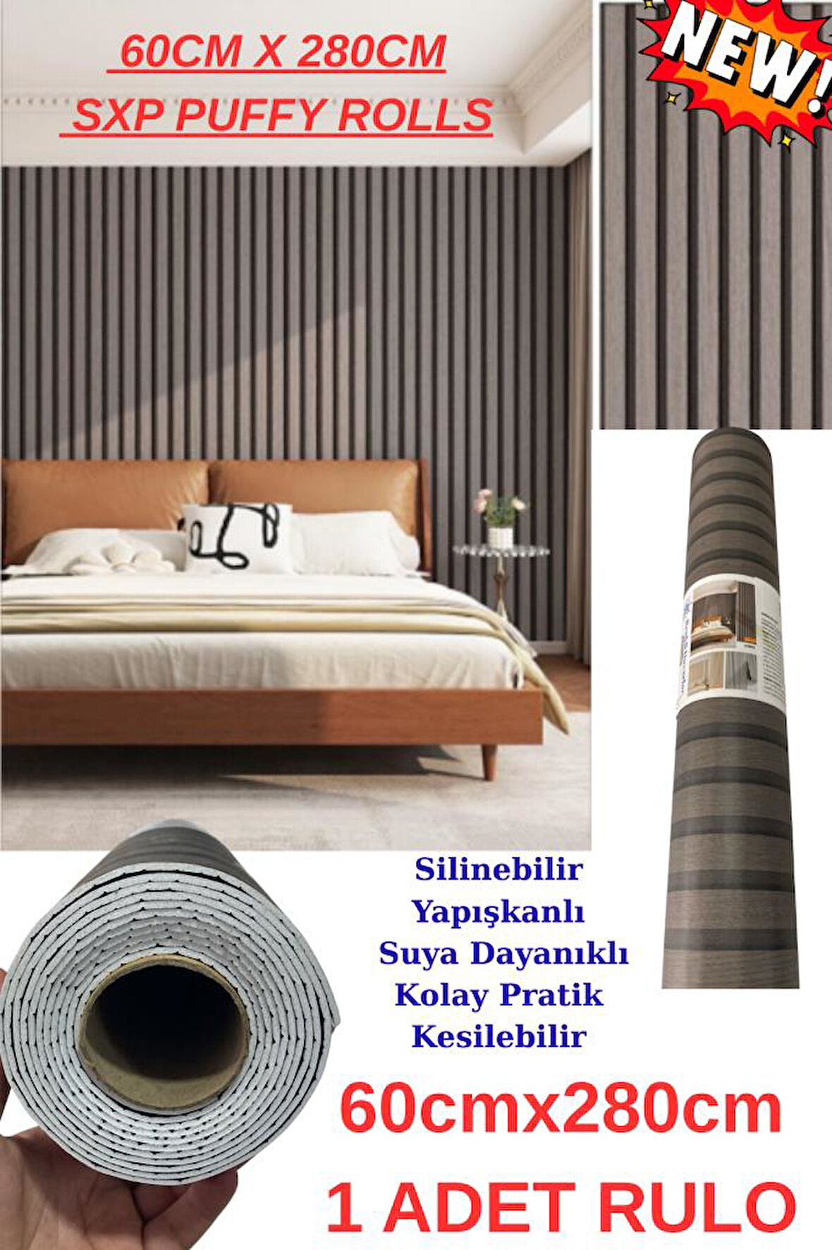 60cm x 280cm 1 Adet Kendinden Yapışkanlı Kömür Gri Lambiri Desenli Duvar Paneli Kağıdı GS8002