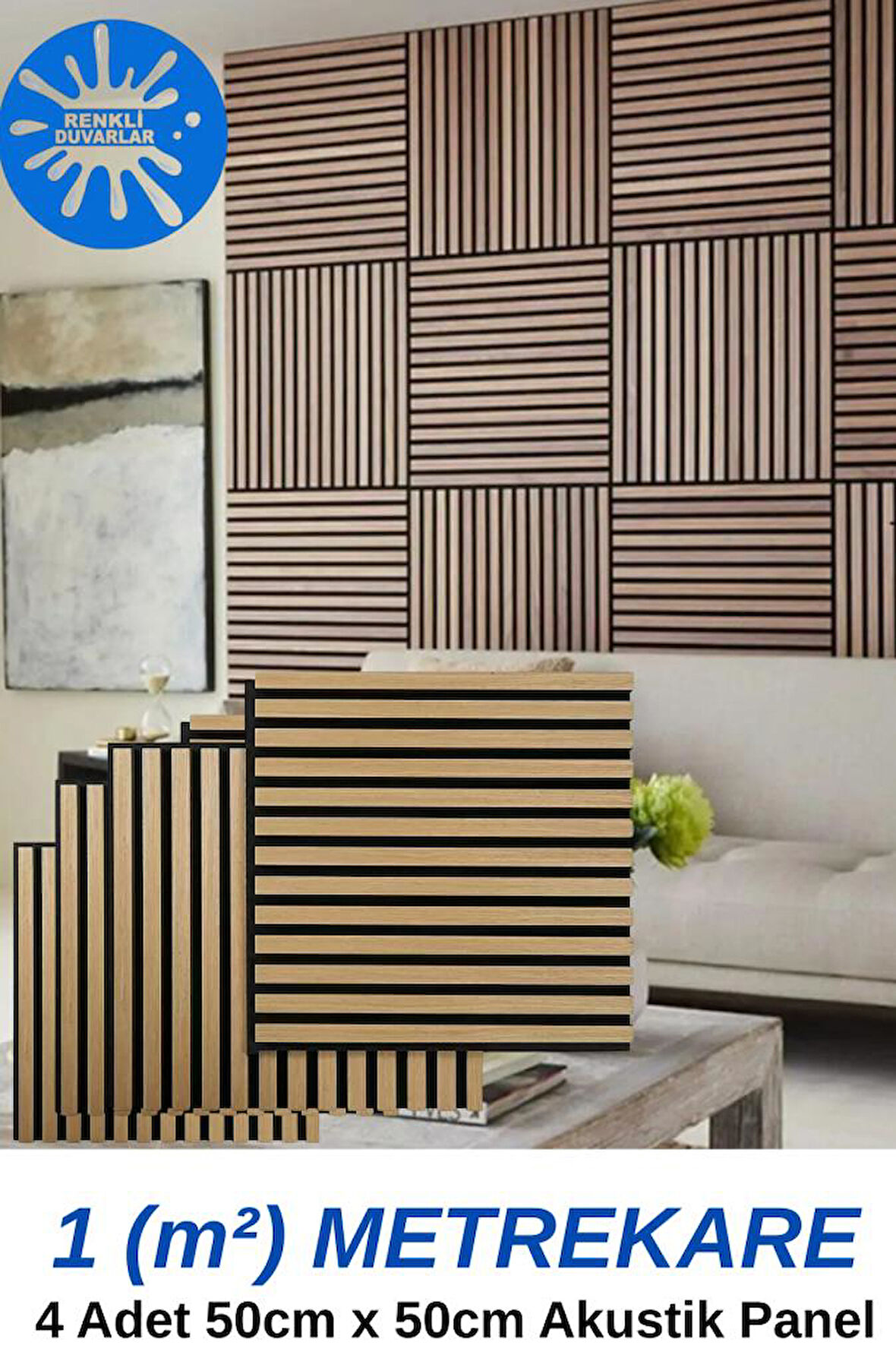 1m² (50cmx50cm 4 Adet)Kahverengi Akustik Duvar Paneli 3mm Keçe Ve 8mm Mdflam Duvar Çıtası Lambiri