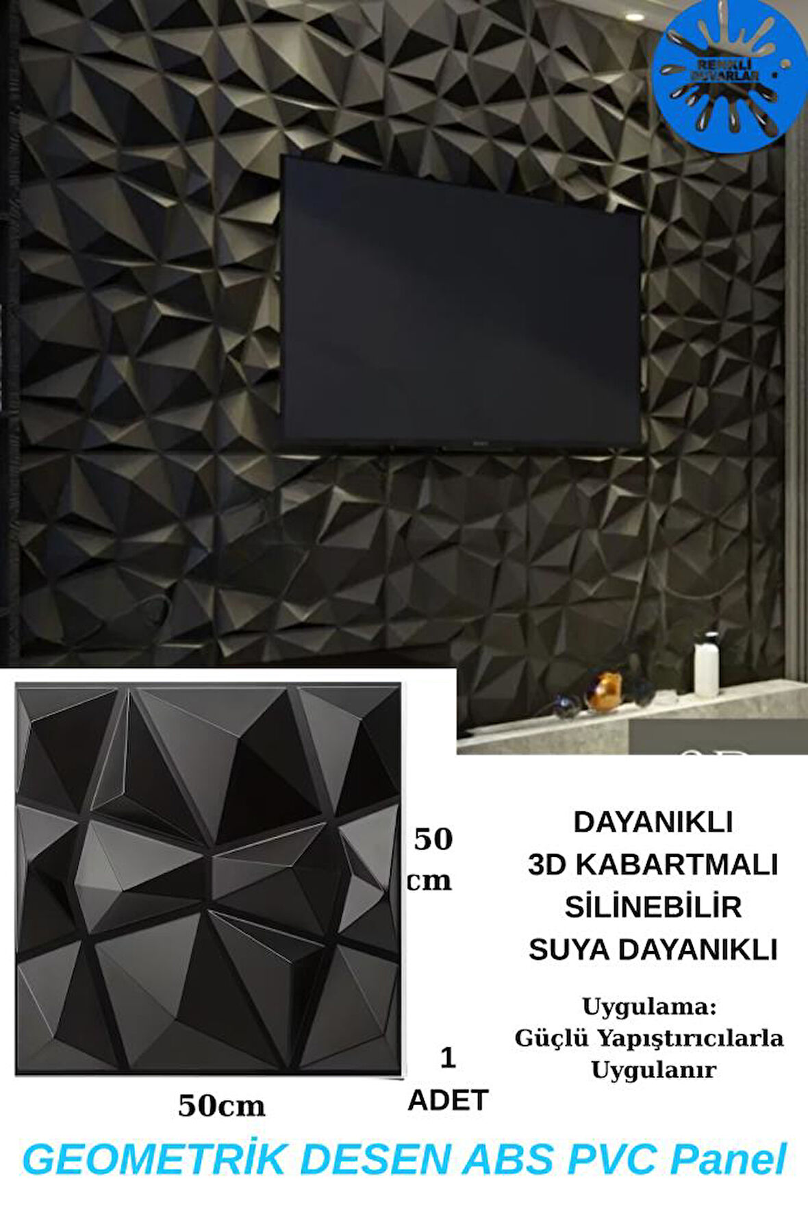 50cm x 50cm 1 Adet 3D Abs Malzeme PVC Dayanıklı Duvar Paneli Silinebilir Geometrik Model Panel