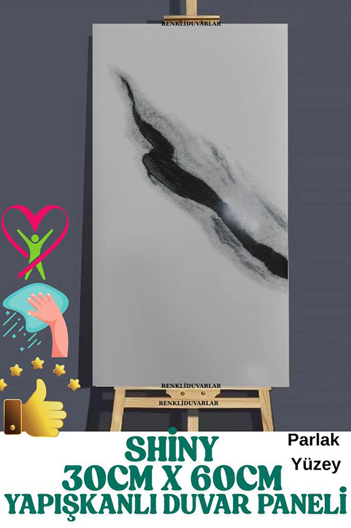 Yapışkanlı 1Adet 30x60cm Siyaha Alaca Mermer Desenli Esnek Banyo Wc Duvar Paneli Kağıdı BS8079-B