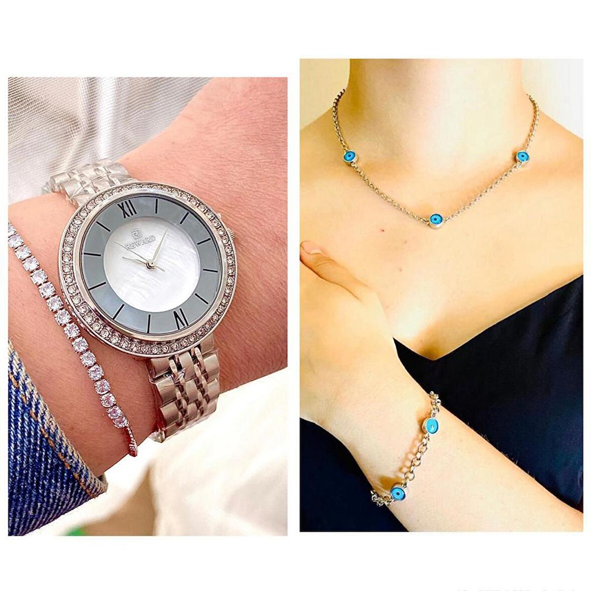 Reward Çelik Kordon Zirkon Taşlı Kadın Kol Saat+Nazarlıklı Takı Set Hediyeli