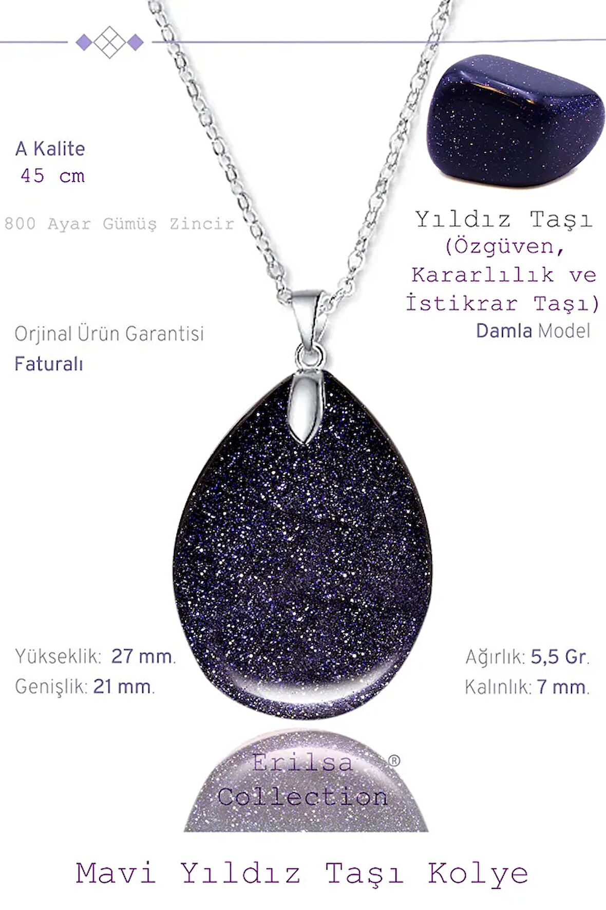 Sertifikalı Damla Model Lacivert Mavi Yıldız Taşı Kolye (GÜMÜŞ APARATLI)