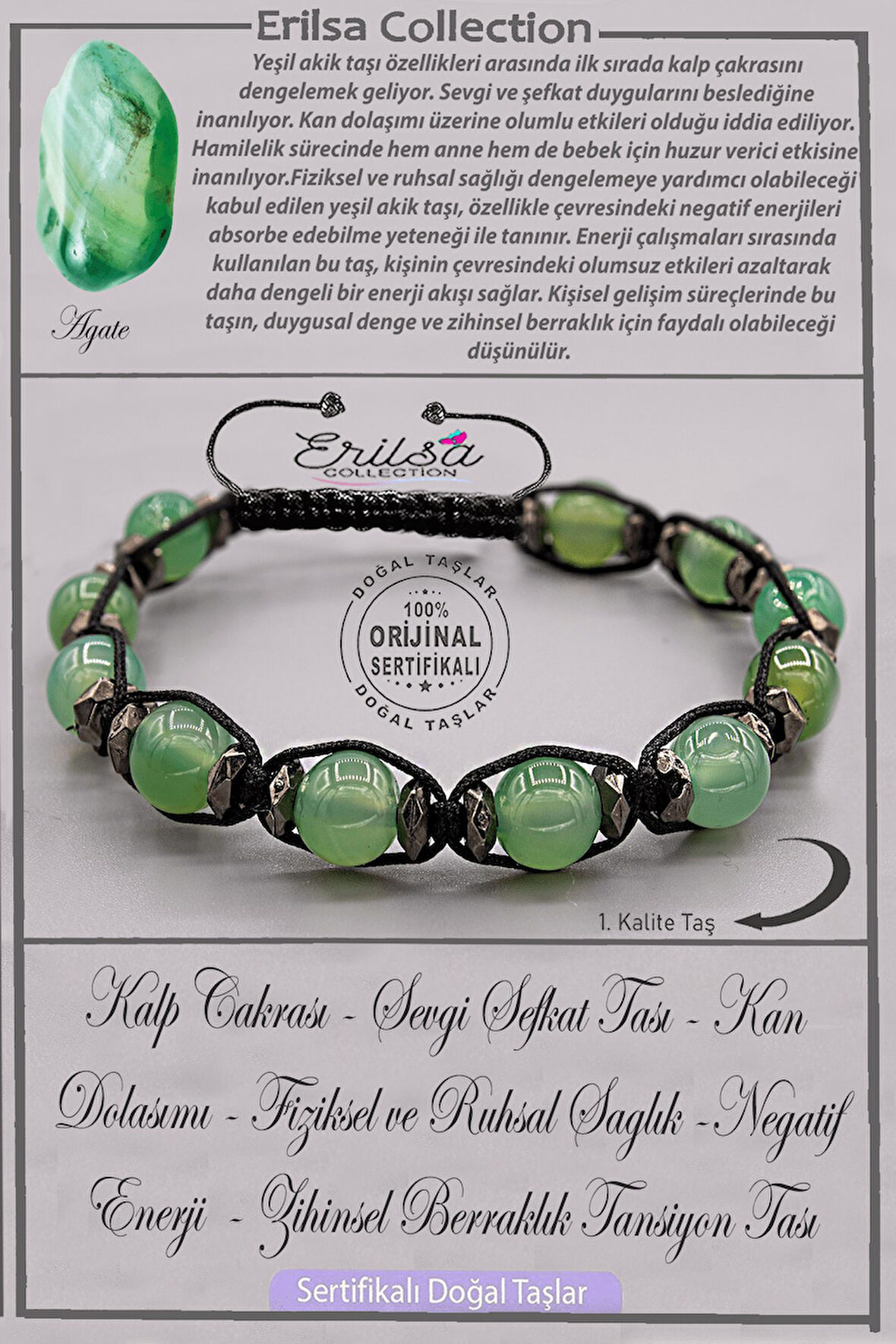 Sertifikalı AAA+ Kalite Gerçek Terahertz - Yeşil Akik Taşı Bileklik - Ayarlamalı