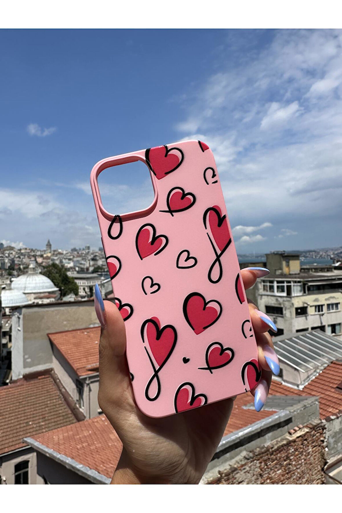 Redmi 10C Uyumlu Kırmızı Kalpler Tasarımlı Telefon Kılıfı - Şeker Pembe