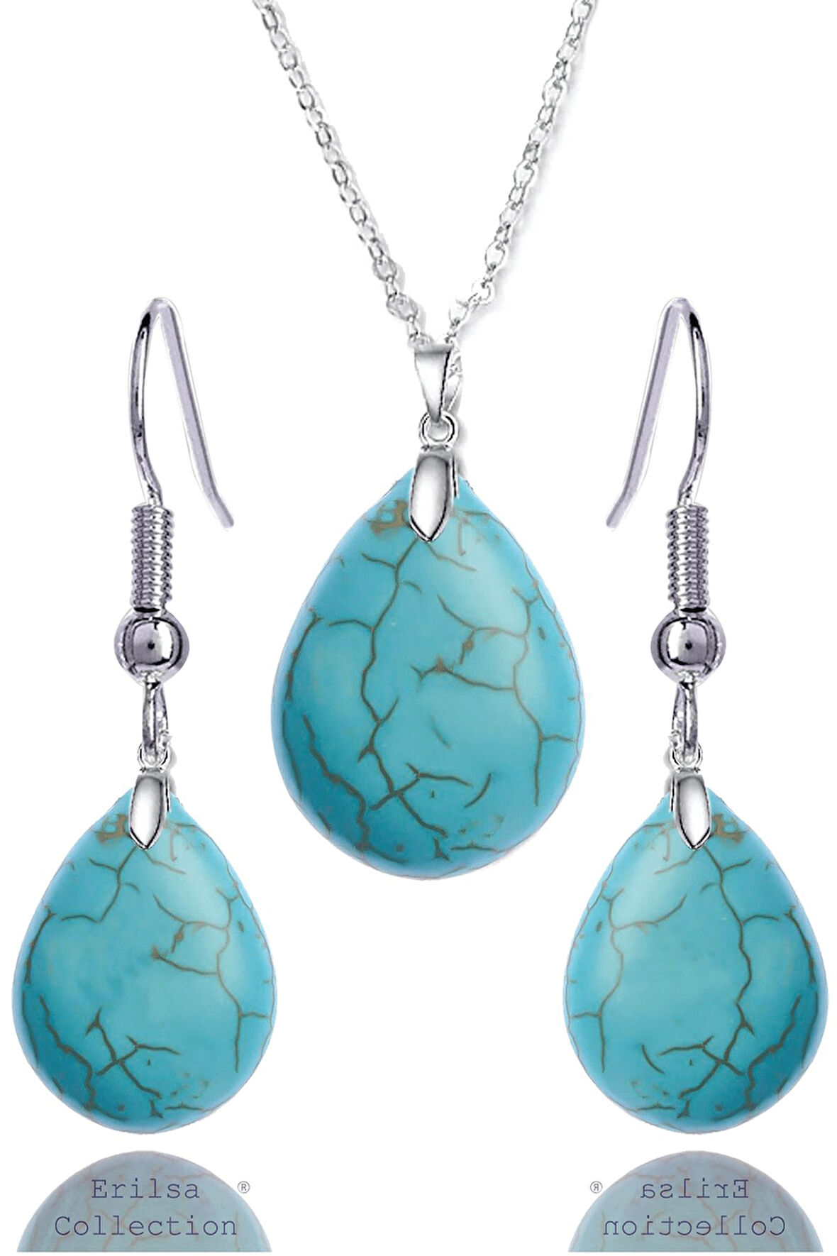 Sertifikalı Damla Model Firuze Taşı Kolye ve Küpe Seti