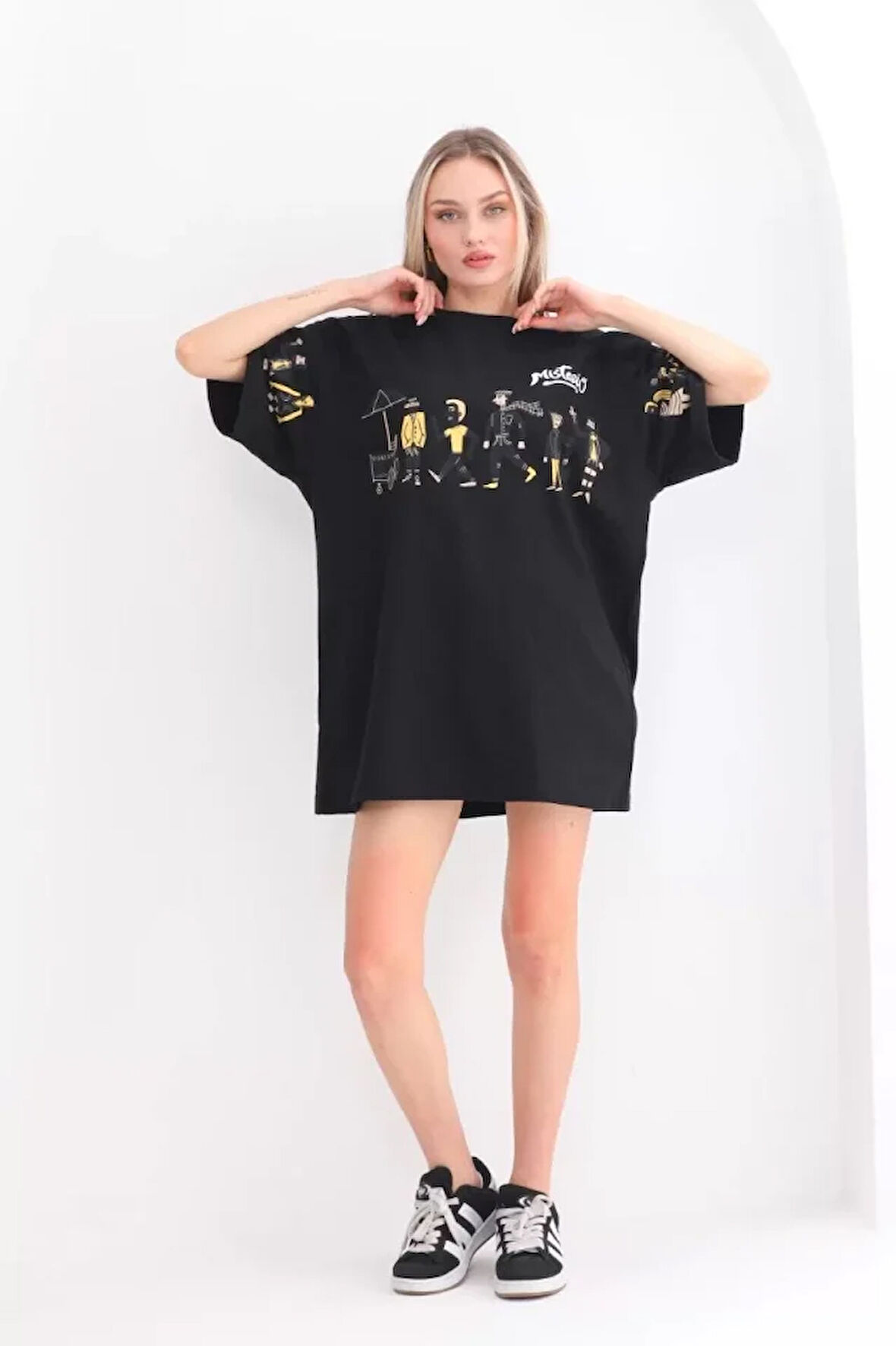 Reka Moda Unisex Bisiklet Yaka Baskılı Oversize T-Shirt - Siyah