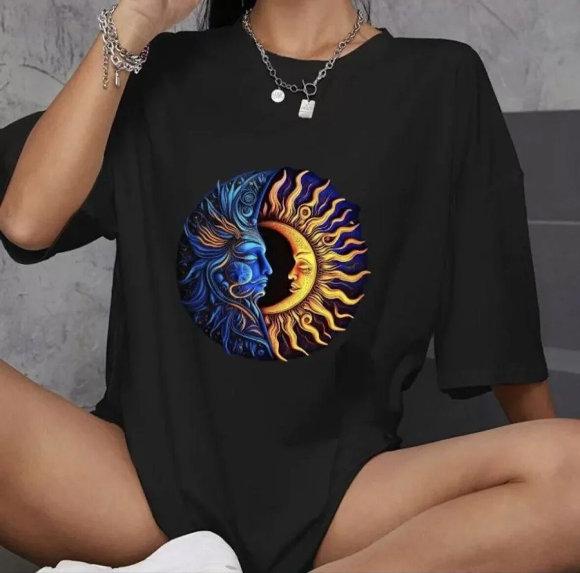 Reka Moda Unisex Bisiklet Yaka Baskılı Oversize T-Shirt - Siyah