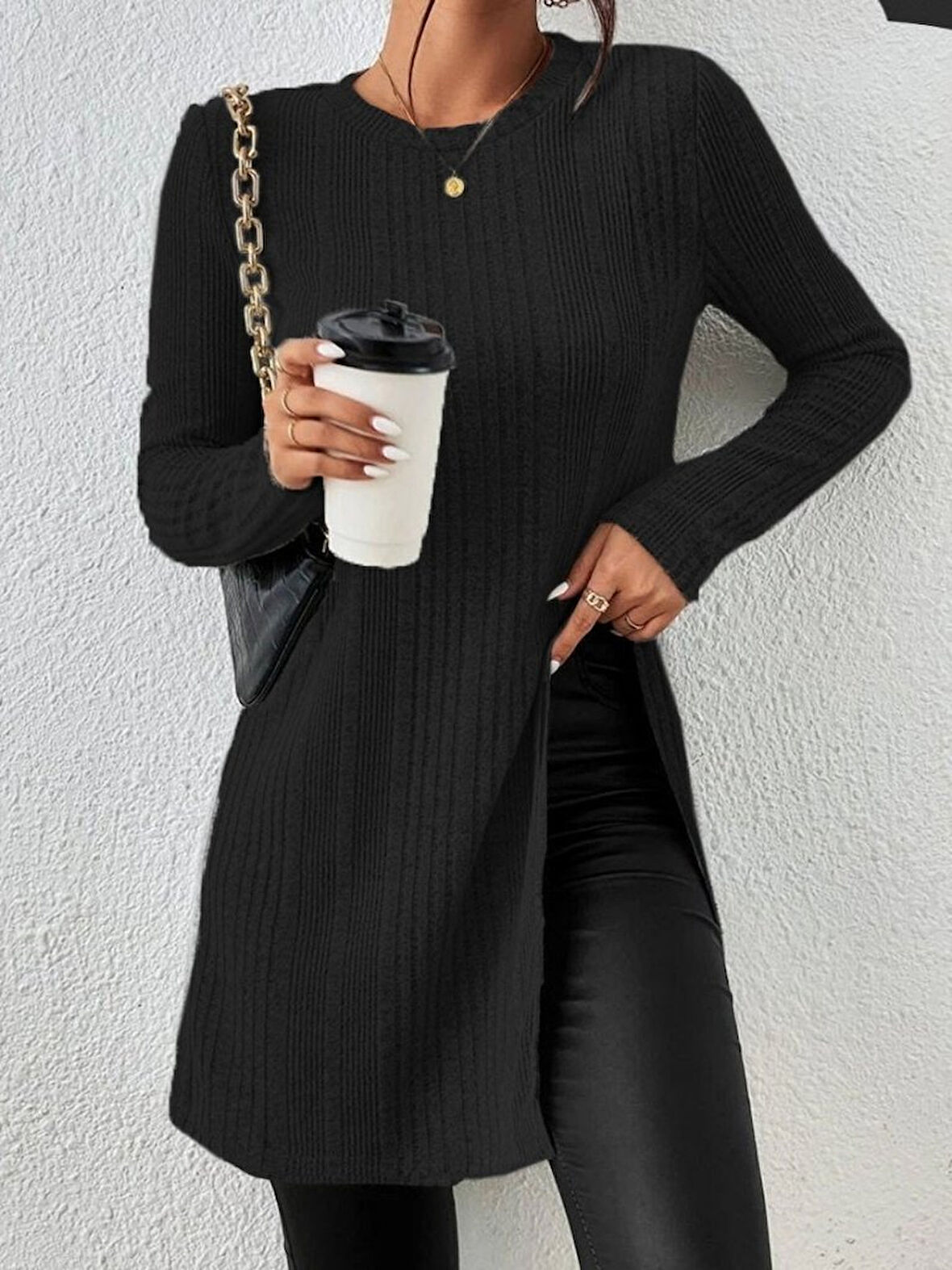 Reka Moda Kadın Uzun Kollu Bisiklet Yaka Iki Yandan Yırtmaç Detay Triko Bluz