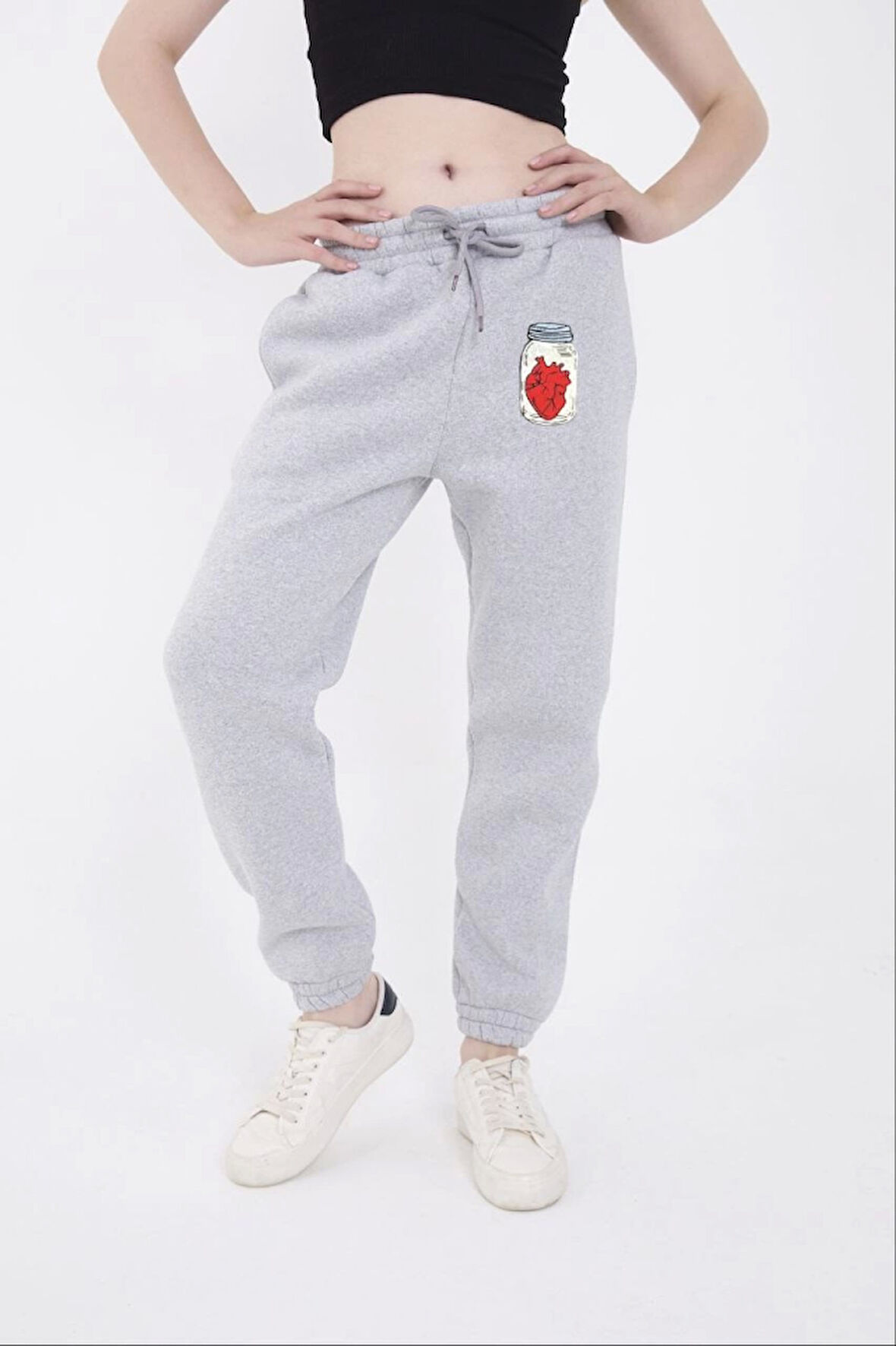 Reka Moda Üç İplik Lastikli Baskılı Eşofman Pantolon - Gri