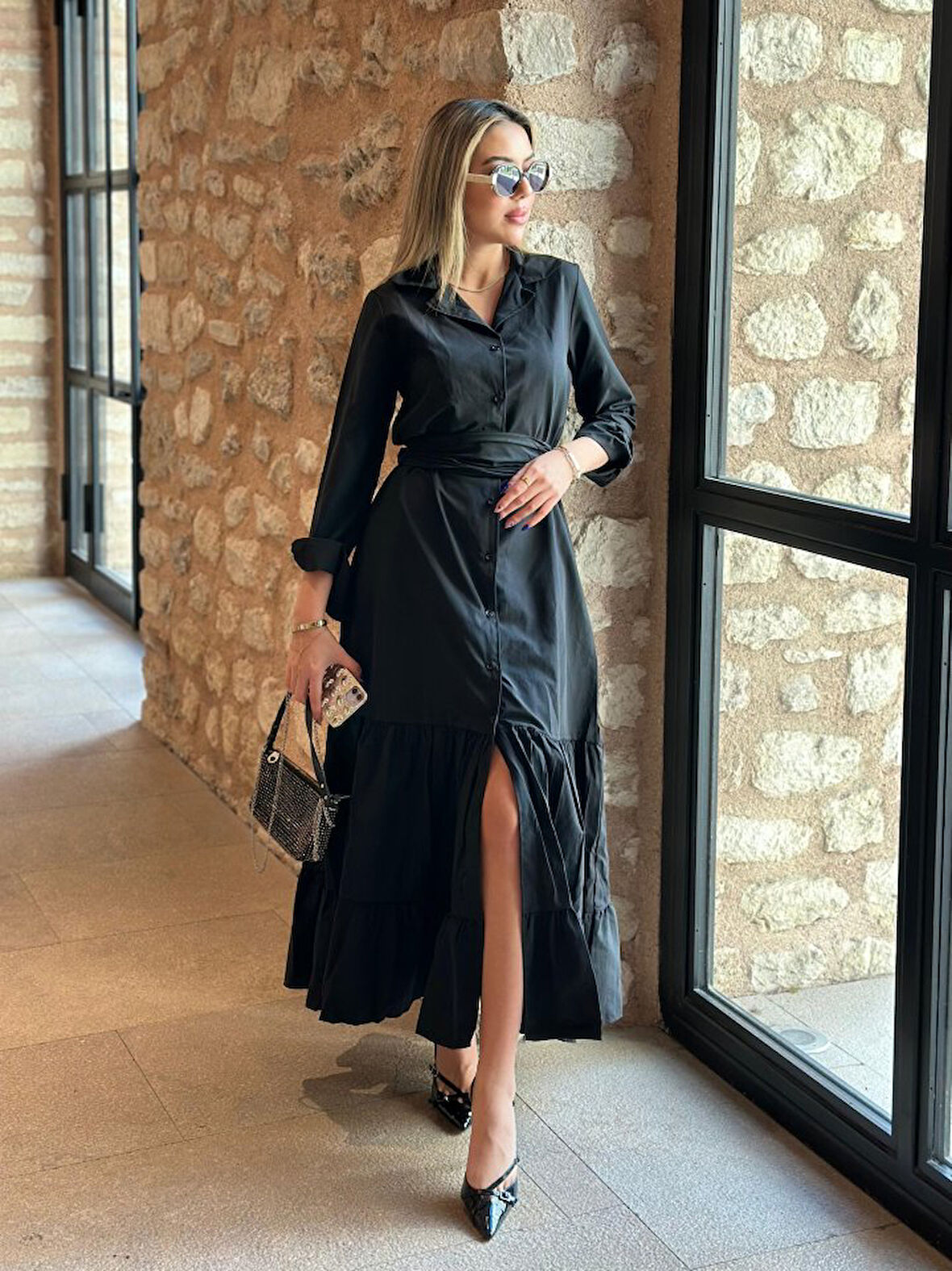 Reka Moda Kadın Uzun Kollu Eteği Fırfırlı Beli Kuşaklı Trikoton Tam Boy Gömlek Elbise