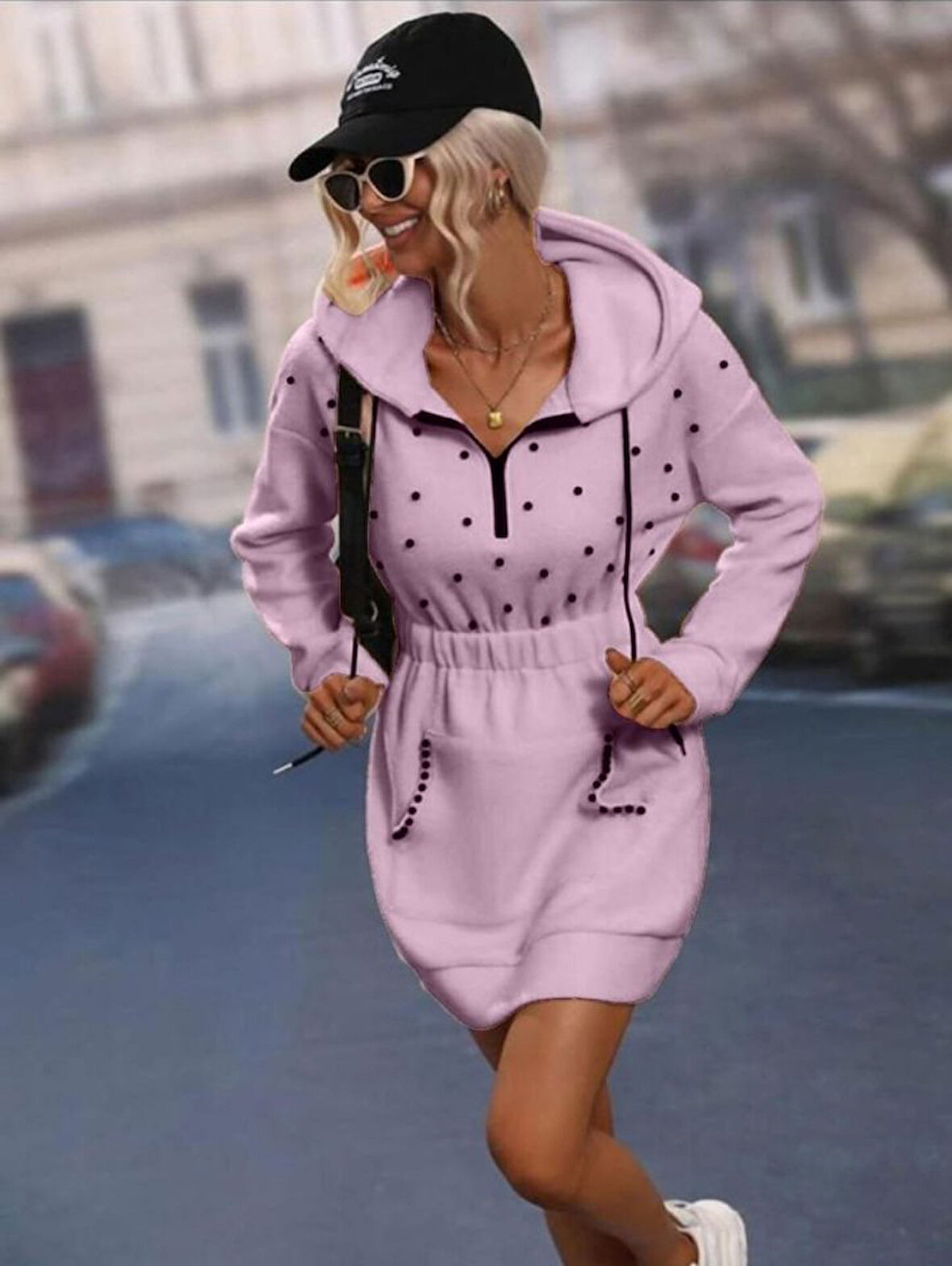 Reka Moda Kadın Beli Lastikli Inci Detay Kapüşonlu Mini Elbise