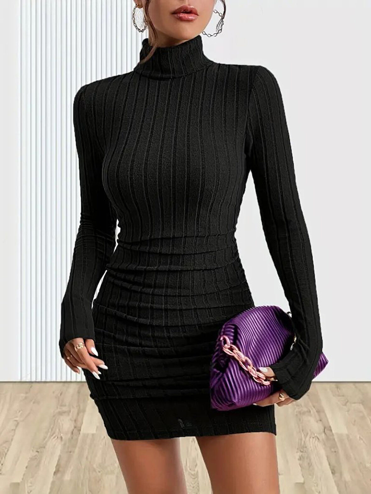 Reka Moda Kadın Uzun Kollu Balıkçı Yaka Kısa şardonlu Kaşkorse Elbise