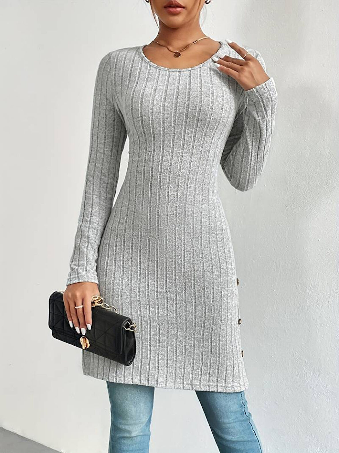 Reka Moda Kadın Uzun Kollu Yuvarlak Yaka Yandan Yırtmaçlı Düğmeli şardonlu Kaşkorse Bluz