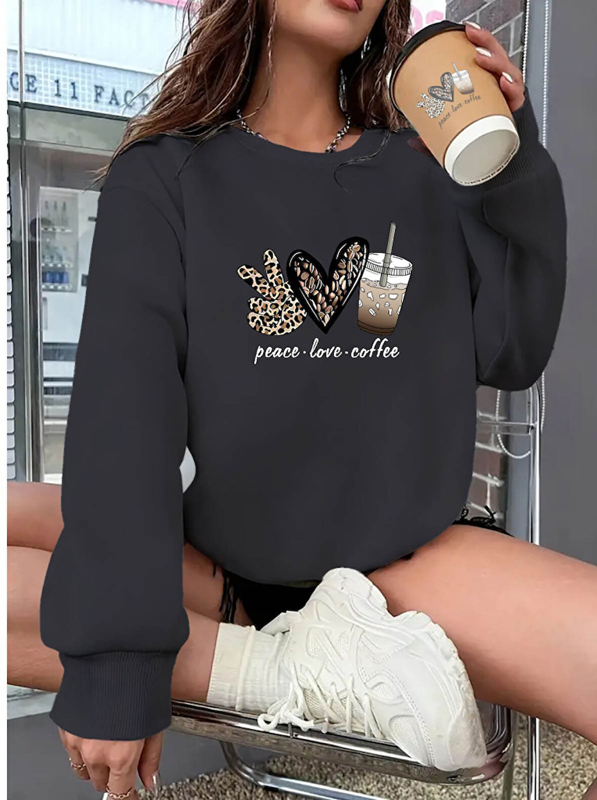 Reka Moda Kadın Uzun Kollu Bisiklet Yaka Kalp Desenli Viskon Iki Iplik Bluz