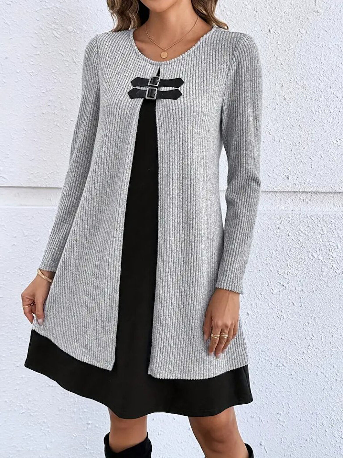 Reka Moda Kadın Uzun Kollu önü Tokalı şardonlu Kaşkorse Iç Kısmı Viskon Midi Elbise Ikili Takım