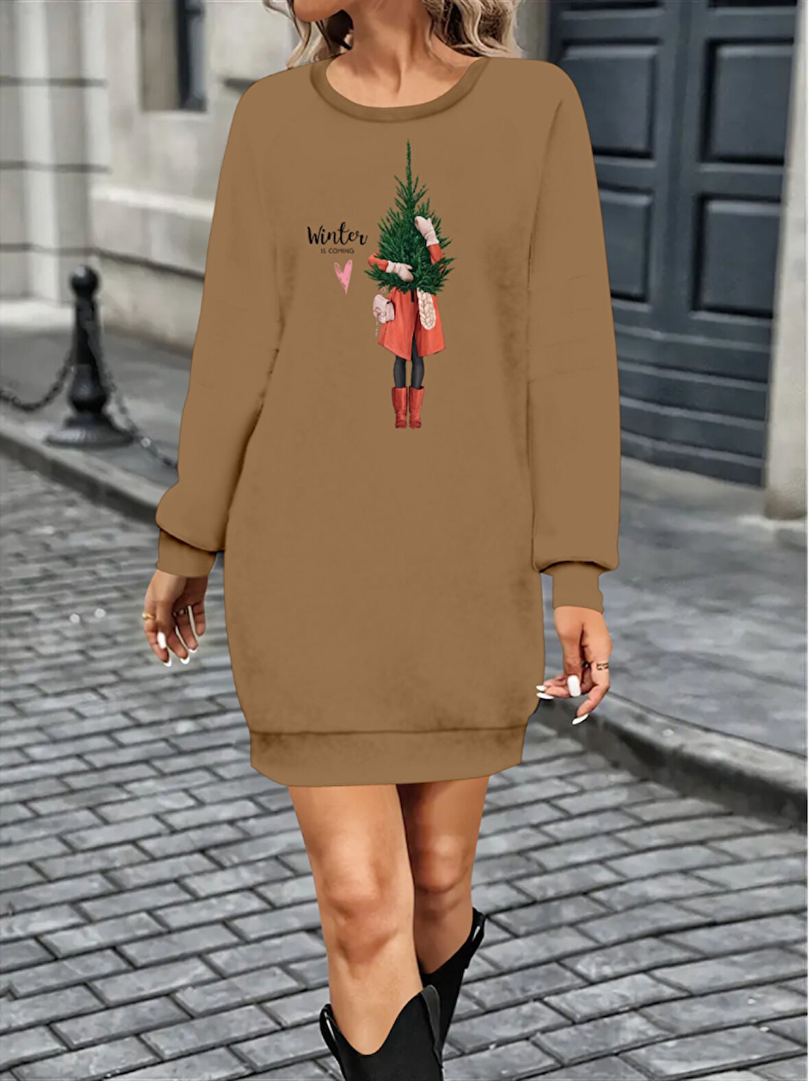 Reka Moda Kadın Uzun Kollu Bisiklet Yaka Desenli Kısa Viskon Iki Iplik Elbise