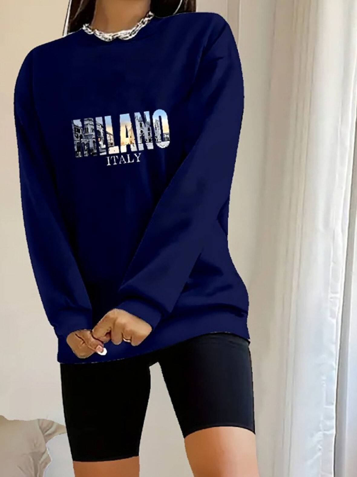 Reka Moda Kadın Uzun Kollu Bisiklet Yaka Desenli Viskon Iki Iplik Bluz